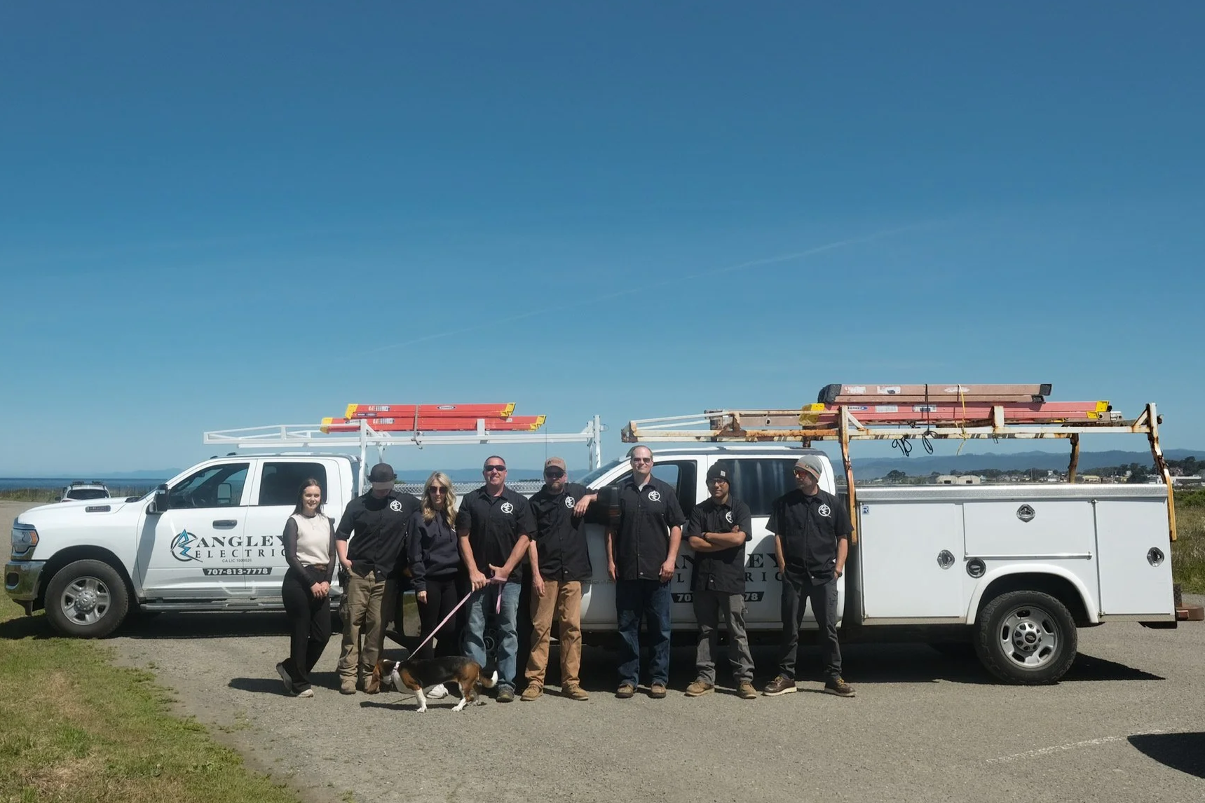 A group of seven workers standing in front of a white utility truck with ladders on the roof, parked on a grassy patch near the coast. They are all wearing black shirts, some with company logos, and are posing for the photo. One person is holding a d