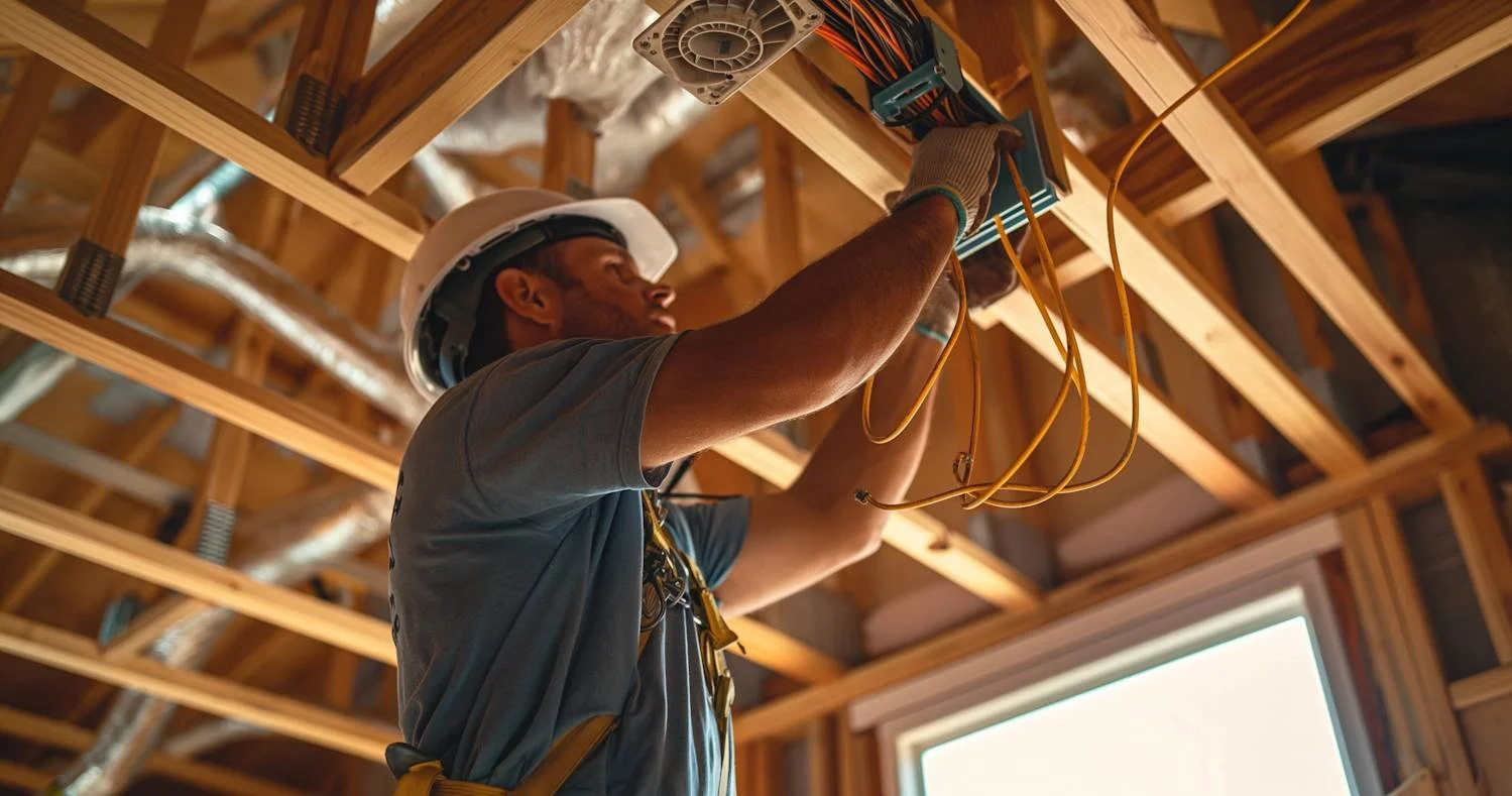 Electrician installing wiring on ceiling joists in unfinished building with exposed wooden framing.