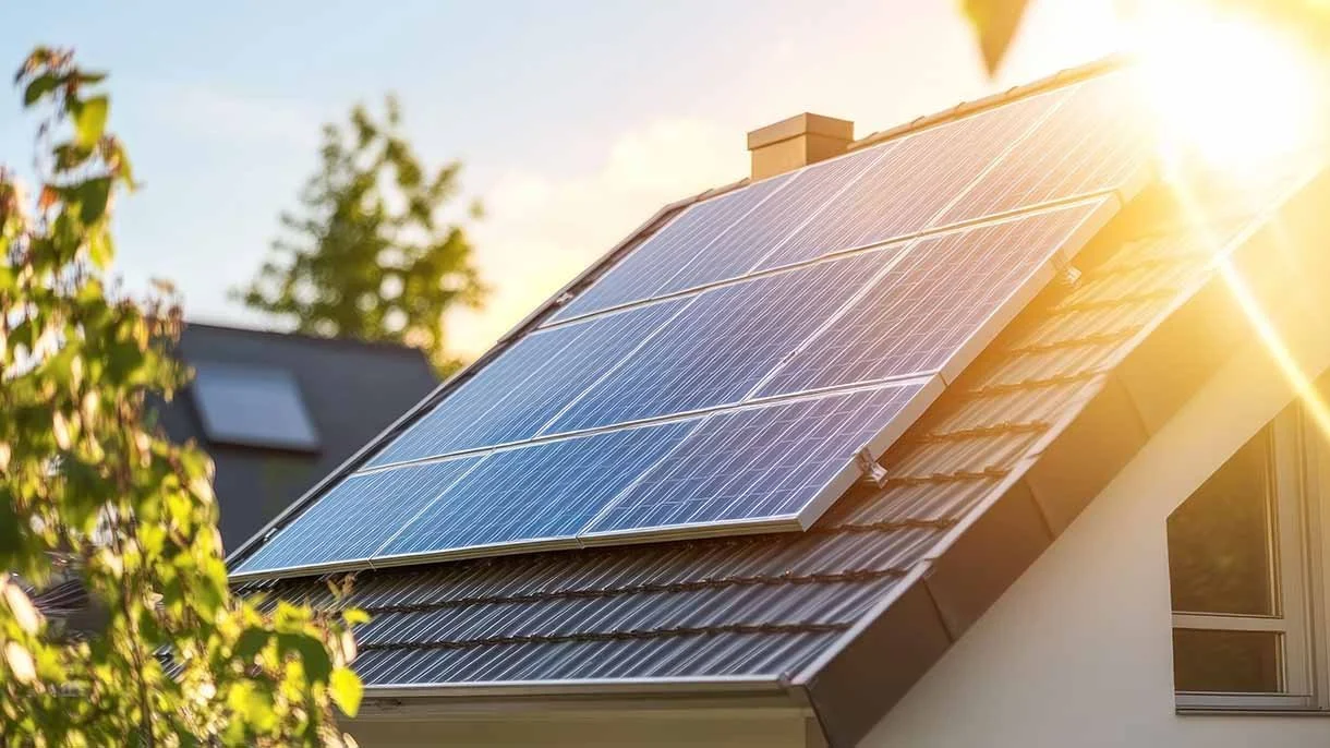 Solar panels installed on a house roof with sunlight shining.