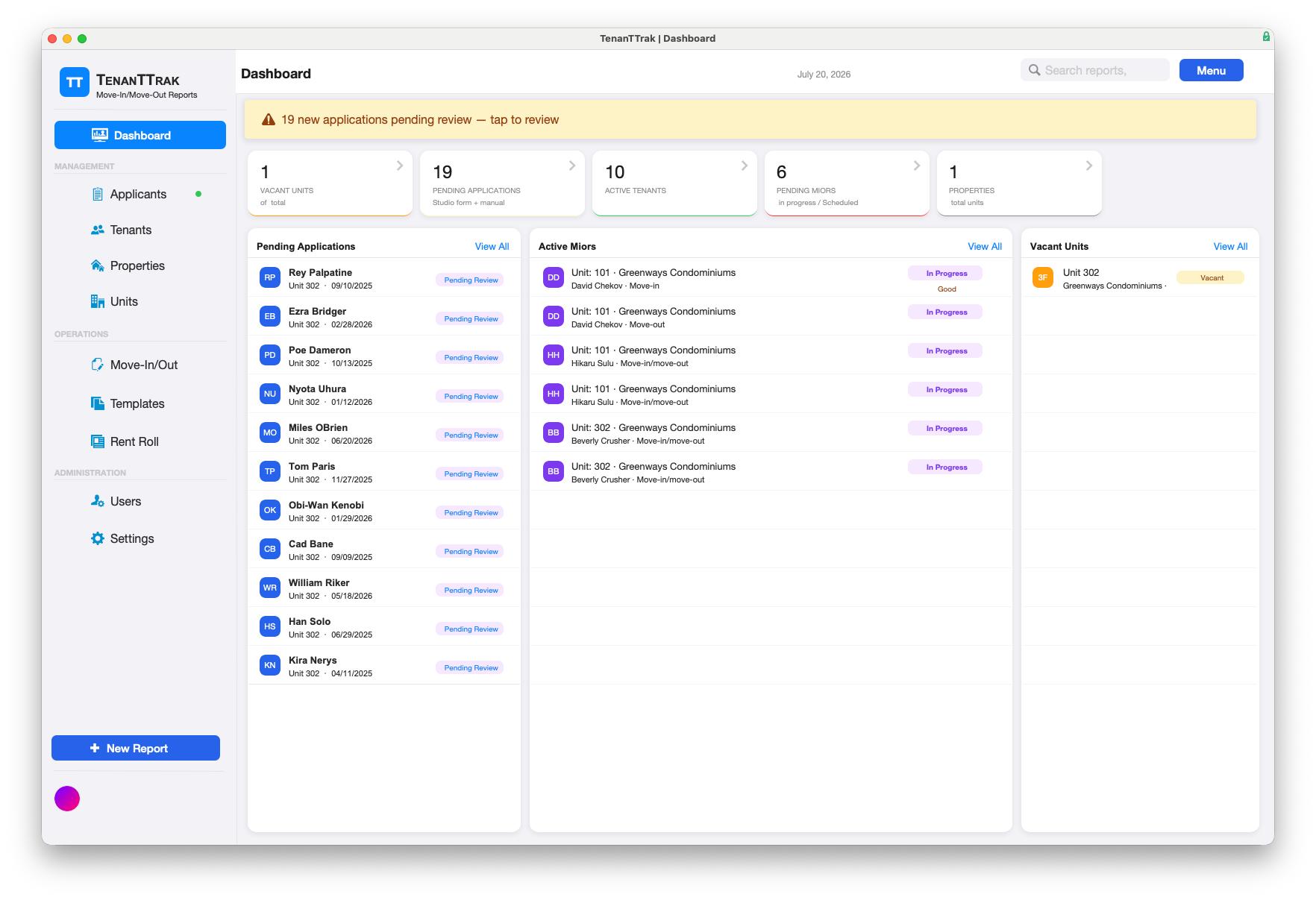 TenanTTrak property management dashboard showing tenant applications, active inspections, and vacant units