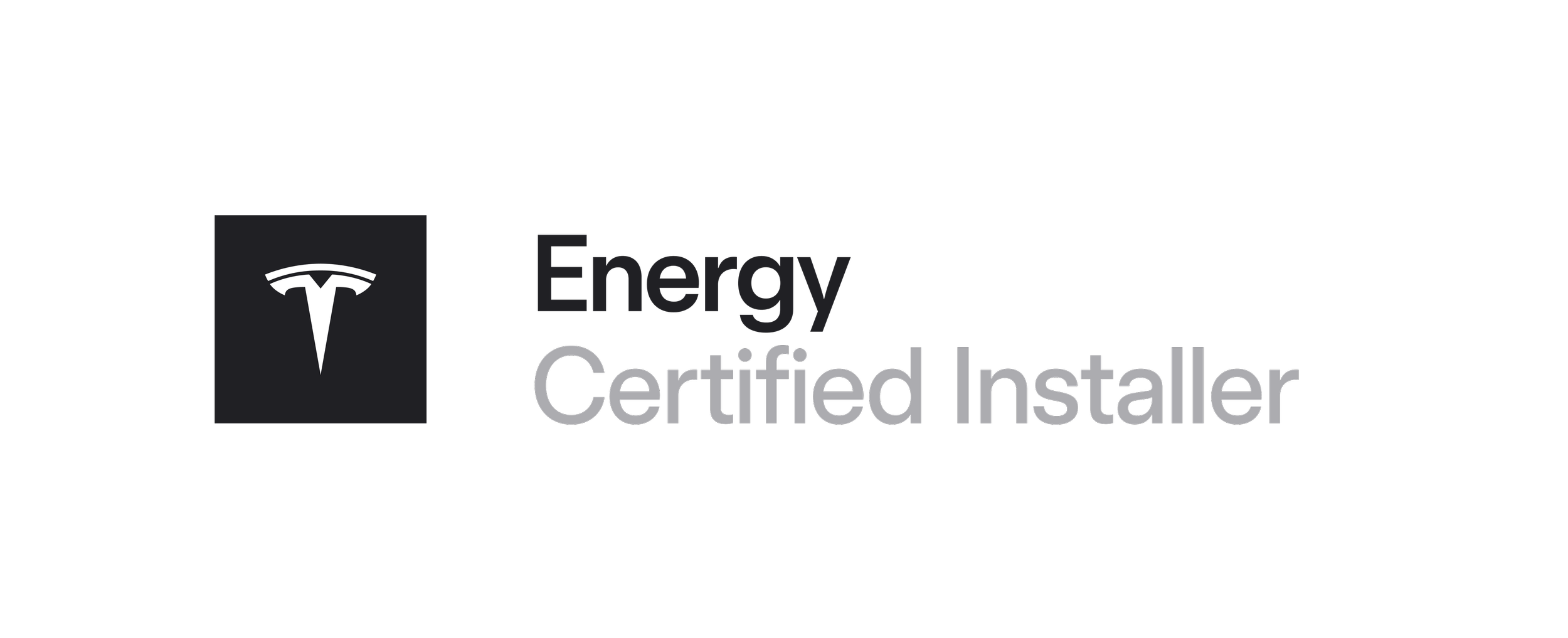 Tesla logo with the words "Energy Certified Installer" in black and gray text on a black background.