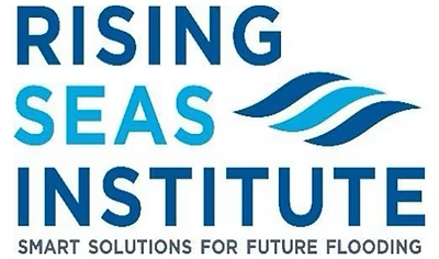 Rising Seas Institute logo with blue stylized waves and the slogan 'Smart Solutions for Future Flooding'.