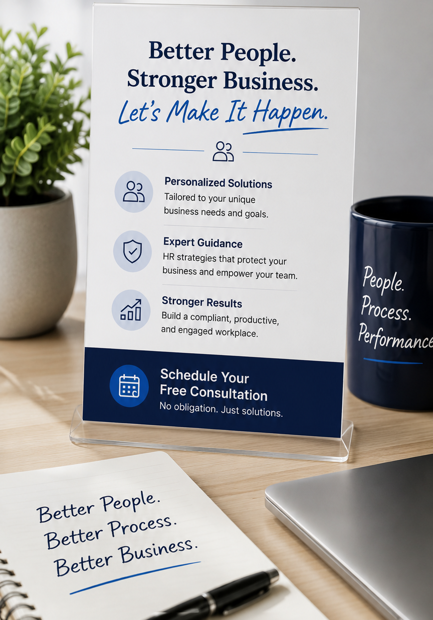 A business consultation flyer on a clear stand displays a message about improving people and business performance. It highlights personalized solutions, expert guidance, and stronger results, and invites viewers to schedule a free consultation. The flyer features icons for each point and a dark blue section at the bottom with a calendar icon.