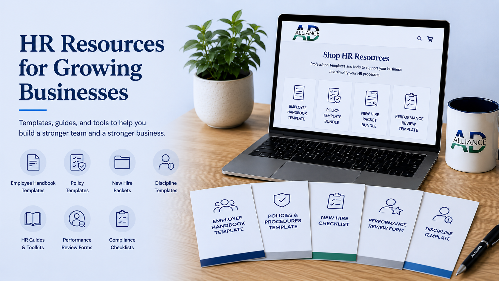 A desk setup with a laptop displaying HR resources, several printed HR templates and guides, a potted plant, a mug with a company logo, and a pen. The background features a large poster titled 'HR Resources for Growing Businesses' and icons representing HR templates and checklists.