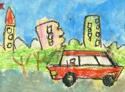 Childlike drawing of a red car on a gray street with green trees, pink and yellow buildings, and a blue sky in the background.