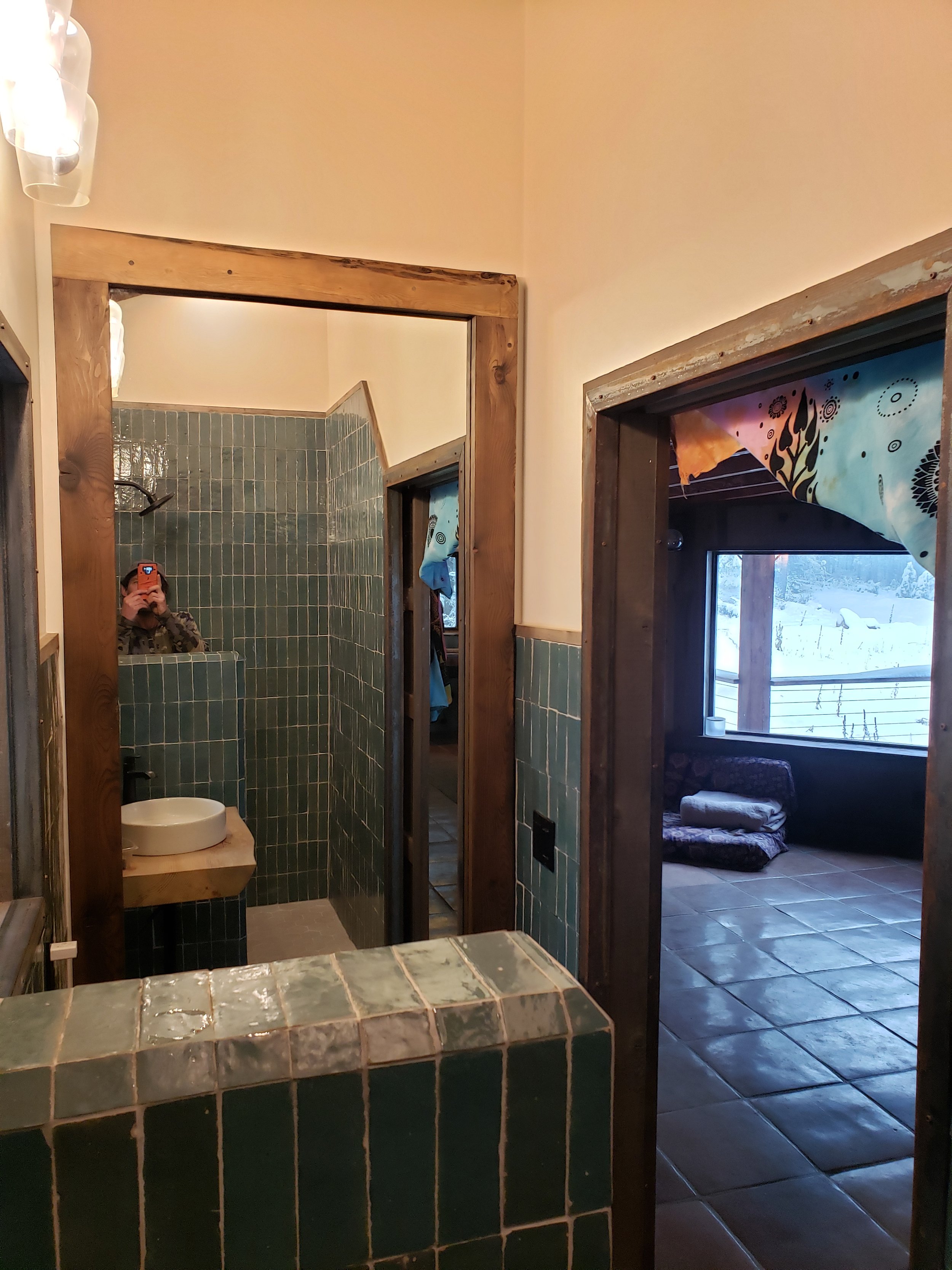 Lodge bathroom with hand made tile.