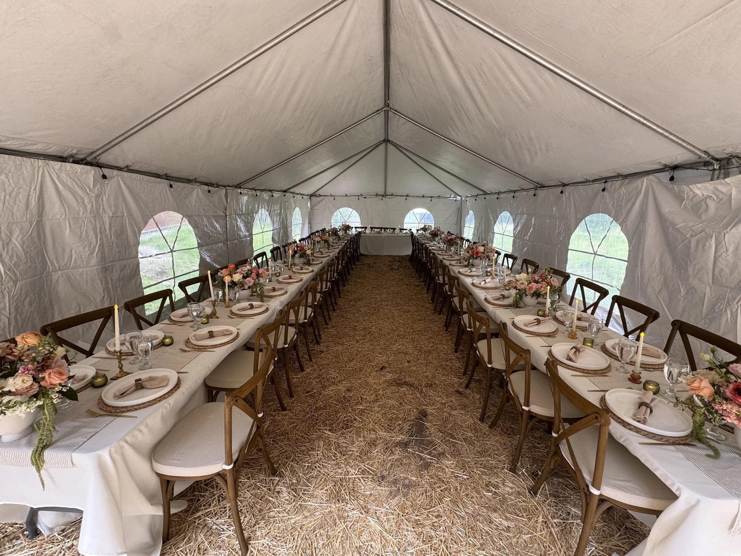 Large tent set up for a large wedding at Goose Creek Haven.