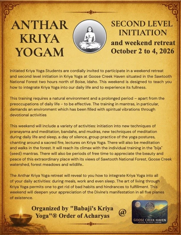 Poster about a Kriya Yoga weekend retreat from October 2 to 4, 2026, at Goose Creek Haven in Idaho, organized by Babaji's Kriya Yoga Order of Acharyas. It features an image of a woman in a meditative pose and a small photo of a sacred fire at sunset.