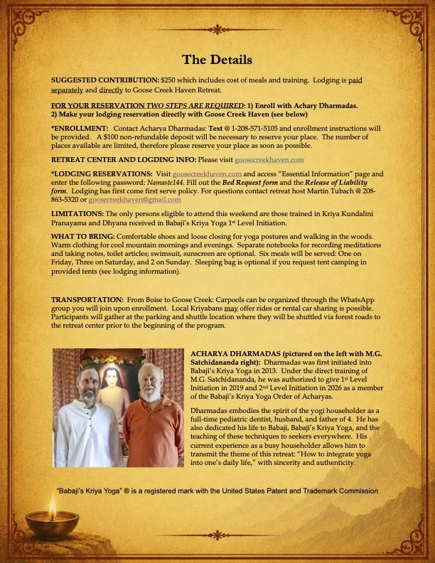 Document titled 'The Details' with information on a yoga retreat, including contributions, reservation details, limitations, what to bring, transportation, and a photo of two men in orange attire, one with a white beard and the other bald, with a Buddha statue in the background.