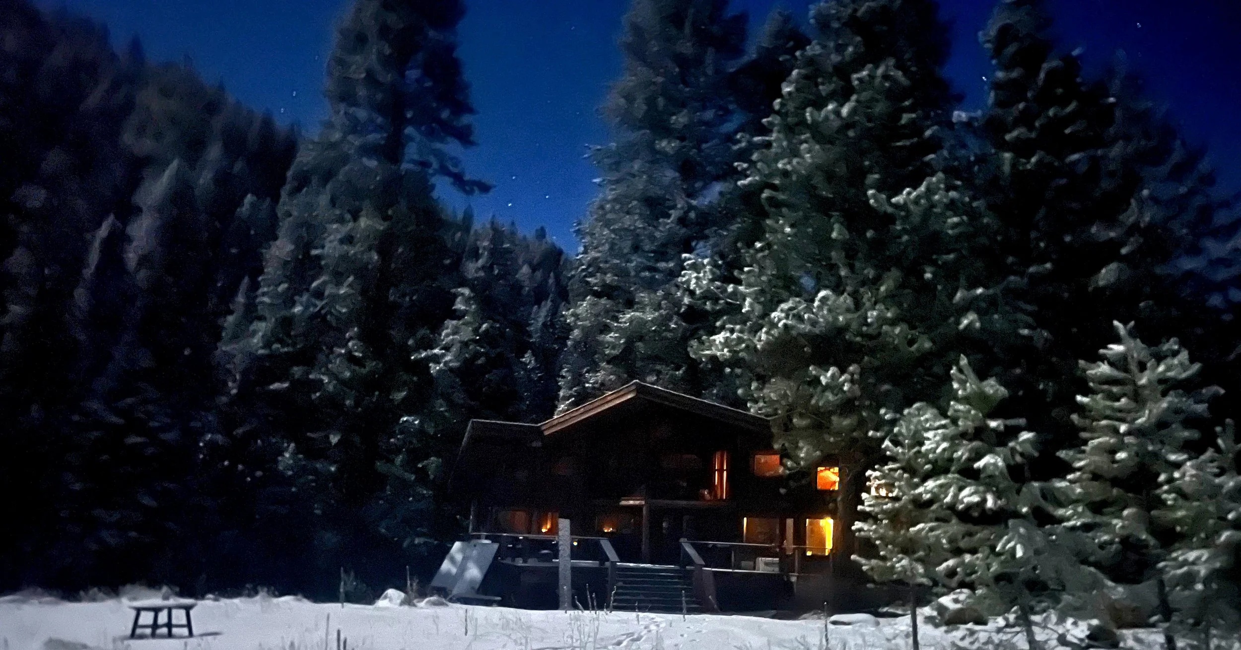 Main Lodge lit by Moon light. At night in the winter the moon allows for walking about with only moonlight to show you the way.