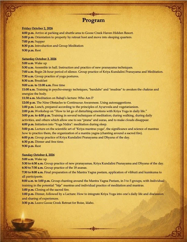 Schedule of activities and sessions for a retreat from October 2 to October 4, 2026, including meditation, yoga, and group practices, with times for wake up, meals, and rest.