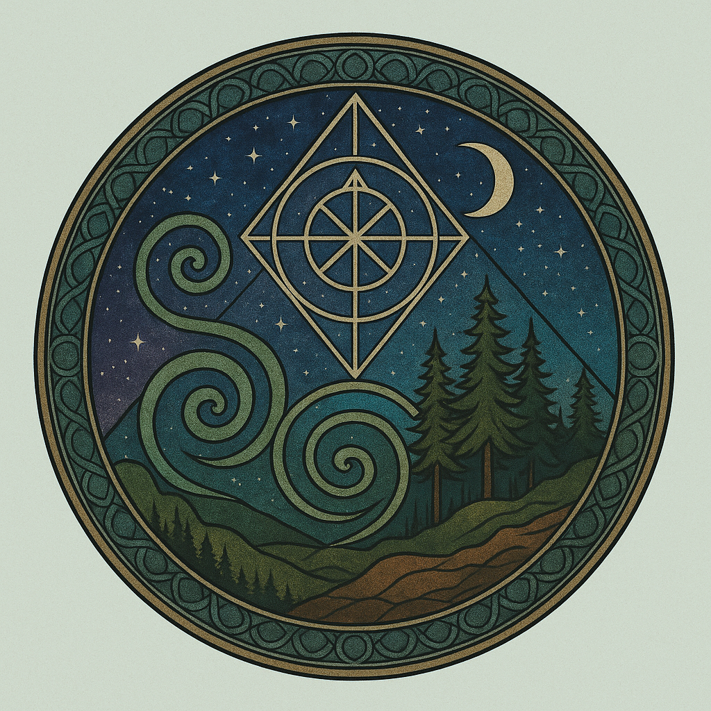 A circular design featuring a night sky with stars, a crescent moon, pine trees, and swirling wind patterns, with geometric shapes in the center.