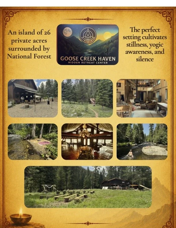 Poster for Goose Creek Haven, a retreat center on a 26-acre private island, featuring images of cabins, forest, indoor lodge, creek, and outdoor activities.