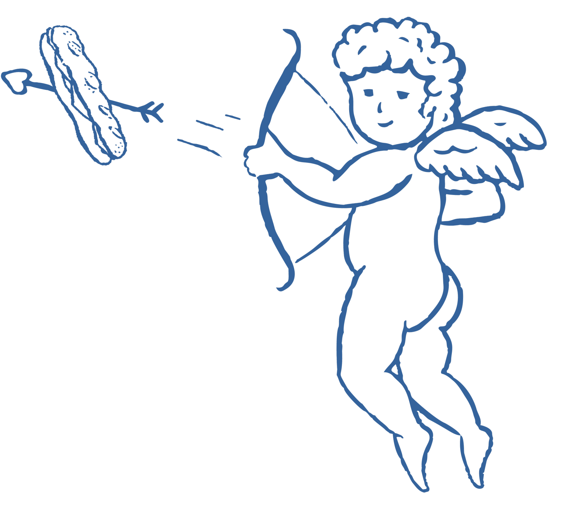 A drawing of a Cupid-like figure with wings, aiming a bow and arrow at a fly with a human face and a long body.