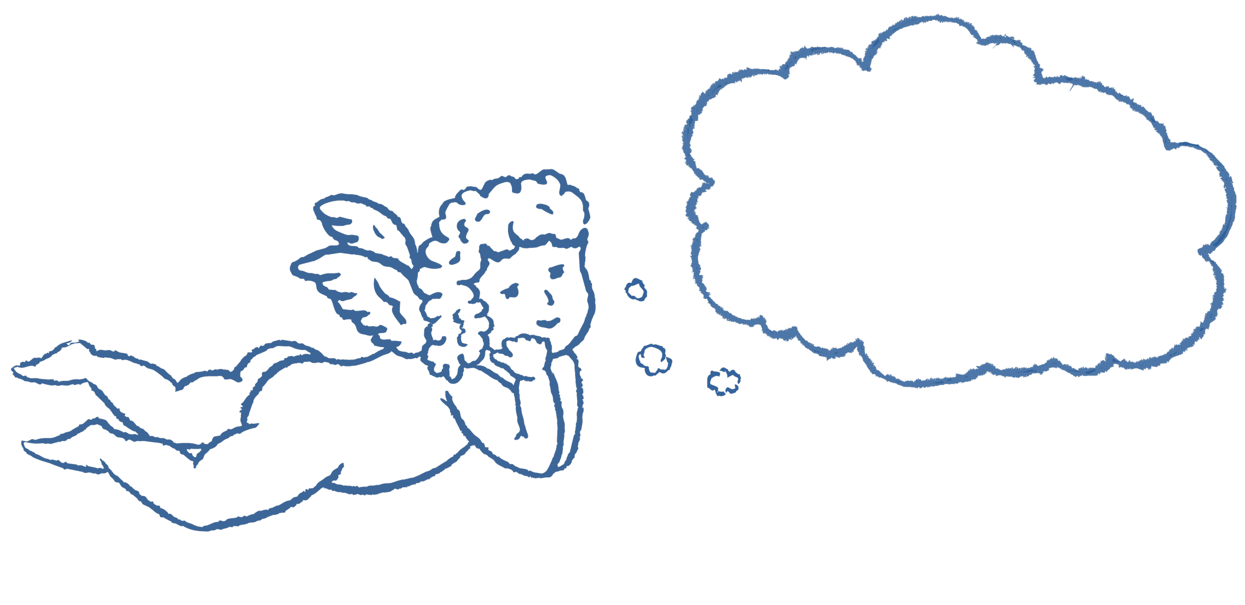 Line drawing of a fairy lying on her stomach with her chin resting on her hands, looking at a large thought bubble.
