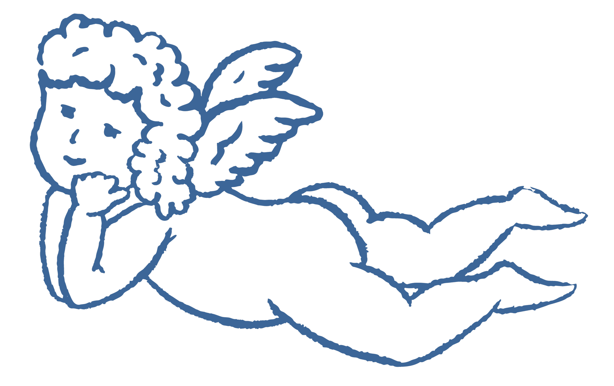 Line drawing of a cherub with wings, lying on its side, resting its head on one hand.