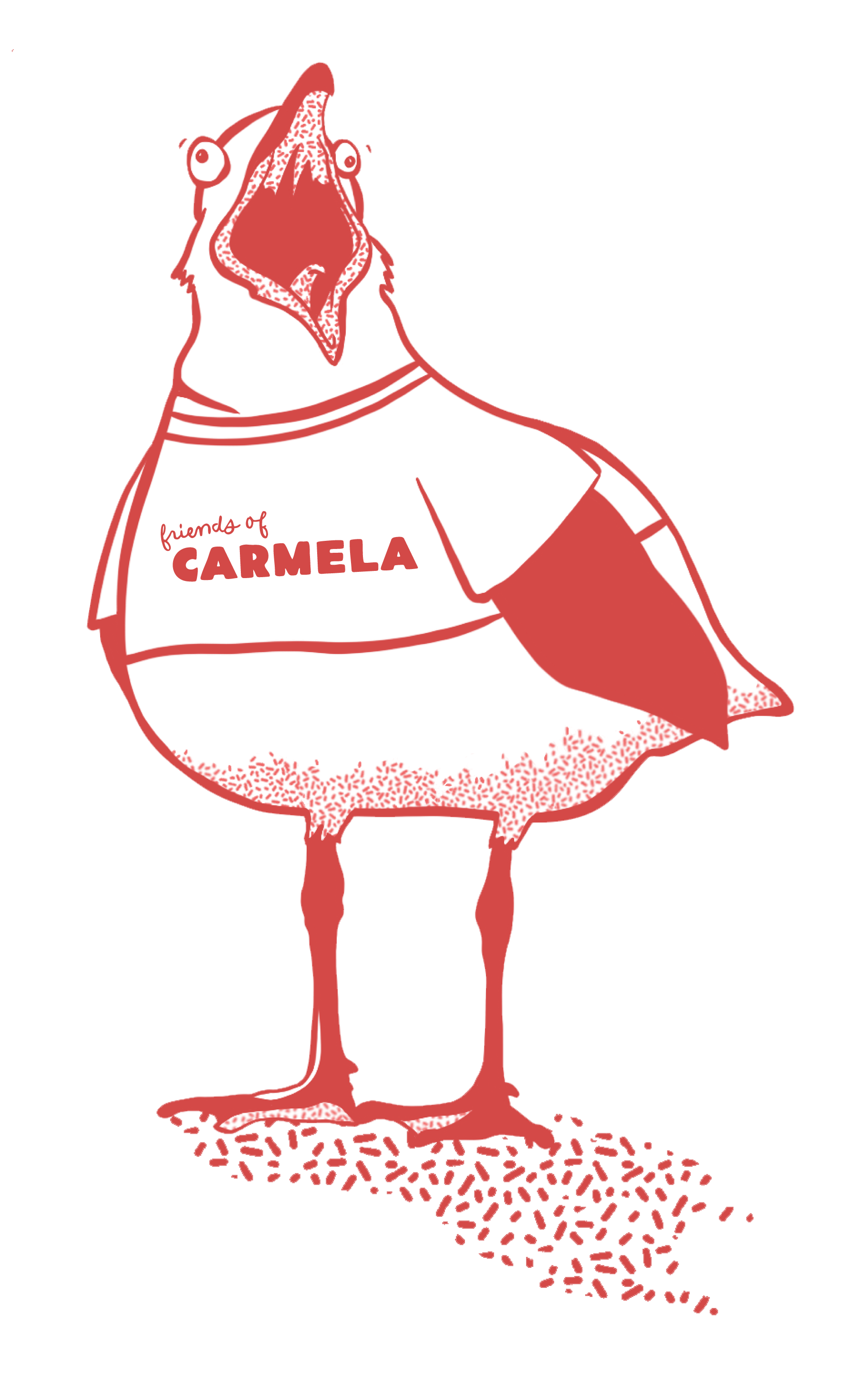 A cartoon chicken wearing a t-shirt that says "friends of CARMELA" standing on a pink background.