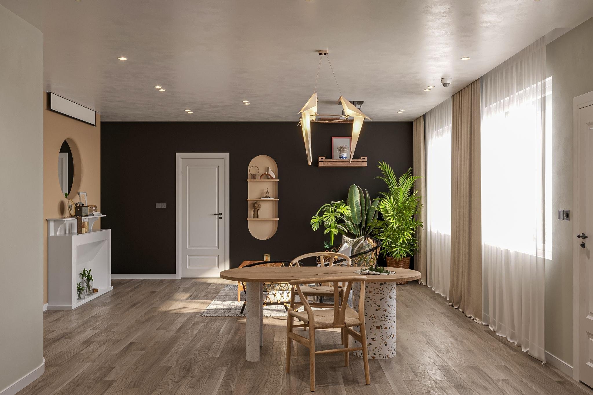Modern Japanese Living room with dining table and plants in corner