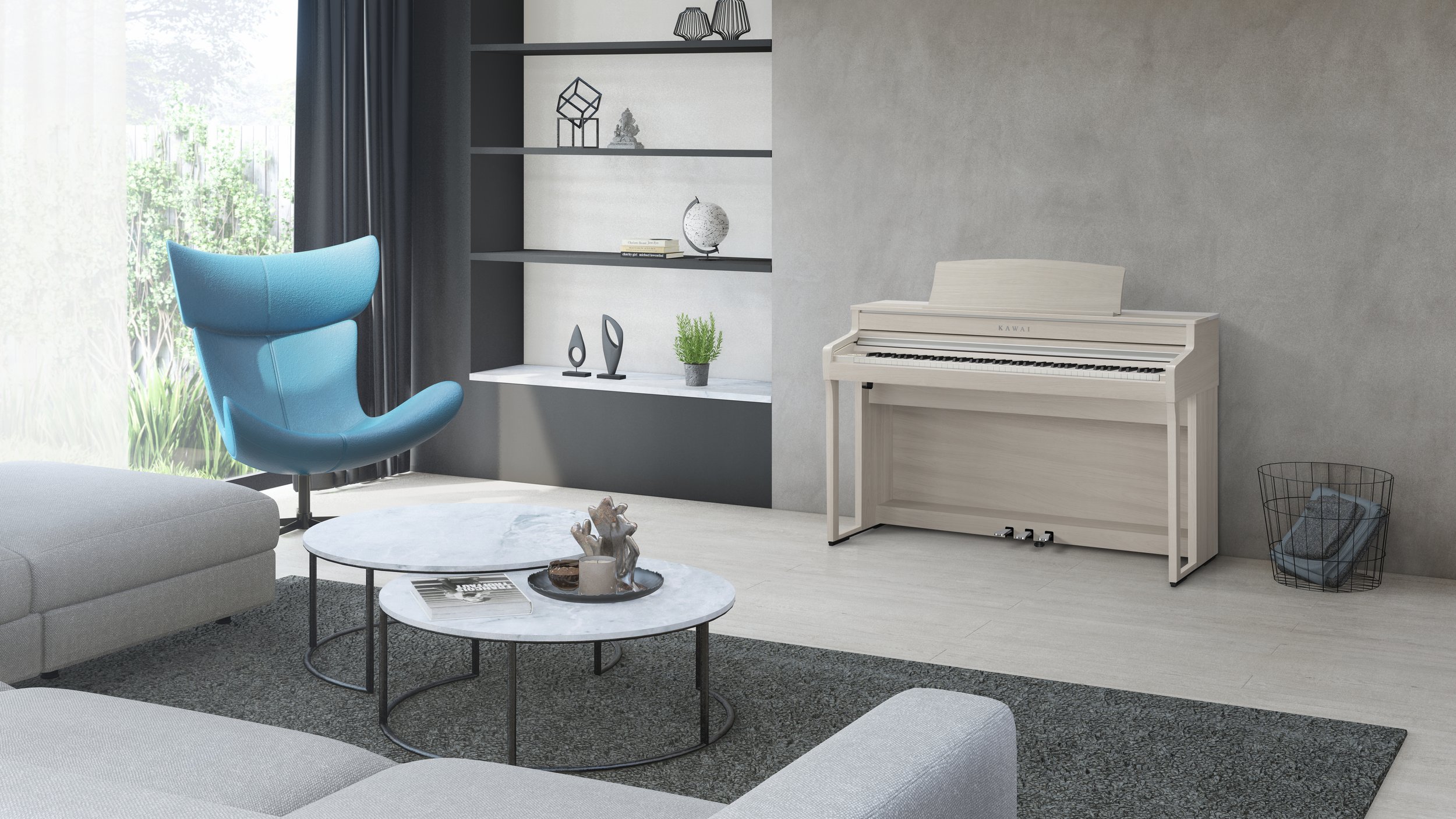 Kawai CA501 in modern living room with grey walls. 