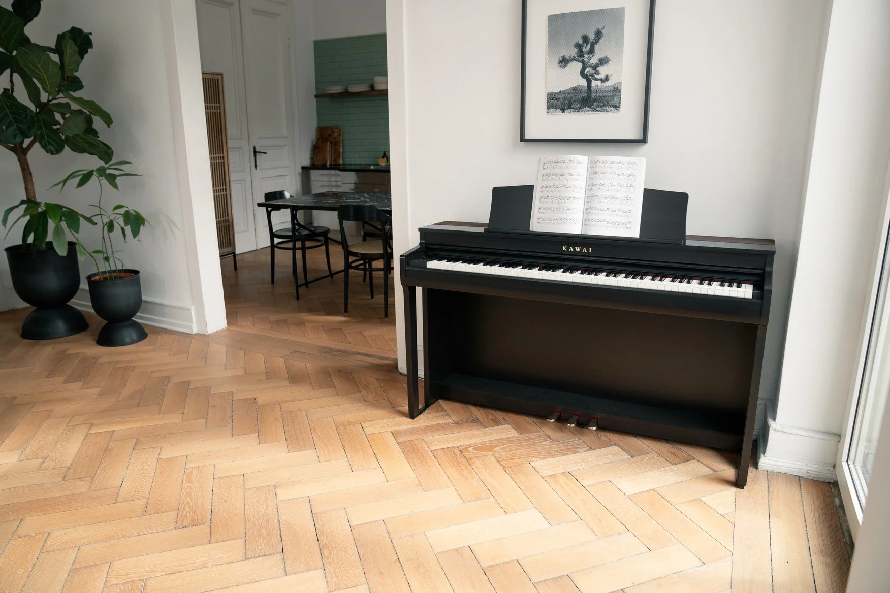 KAWAI CN301  in living room with white walls and light colored wood flooring