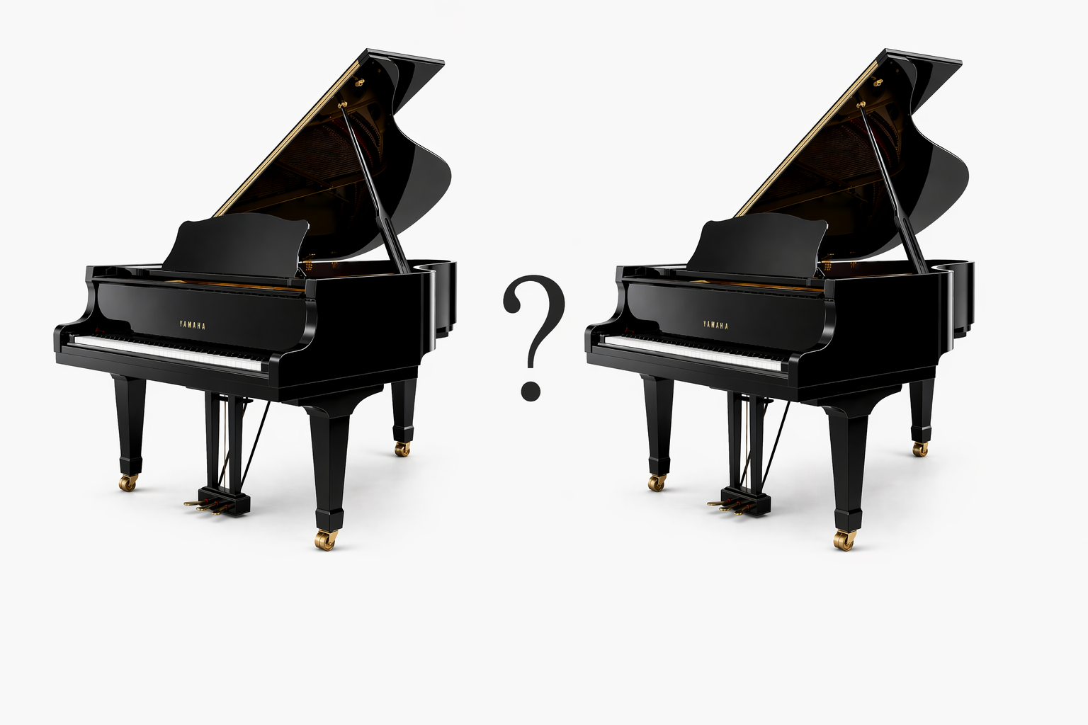 Two Grand Pianos Side By Side With Lids open and a question mark between the two.