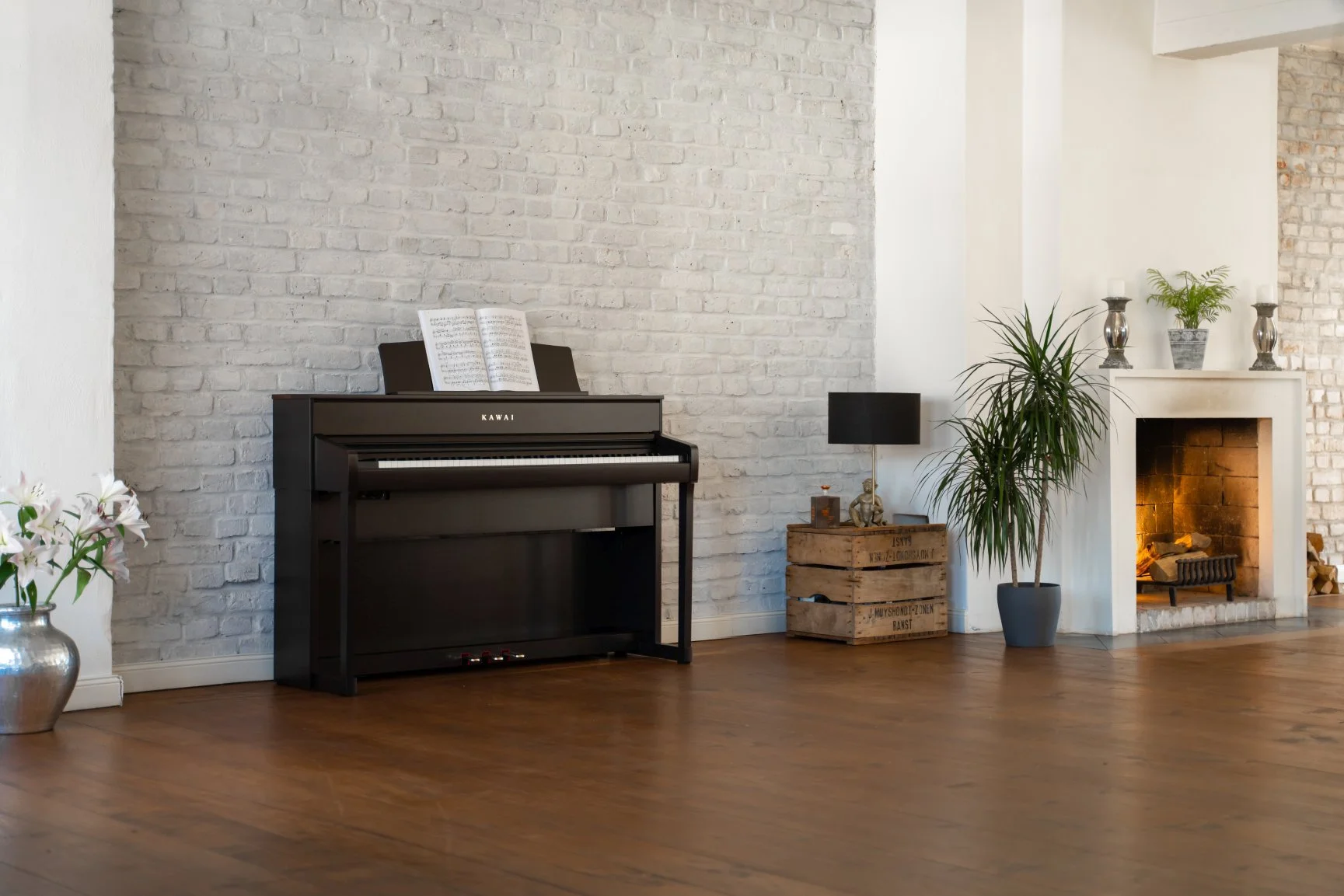 Kawai CA701 Digital Piano In Living room with sheet music on music desk. 