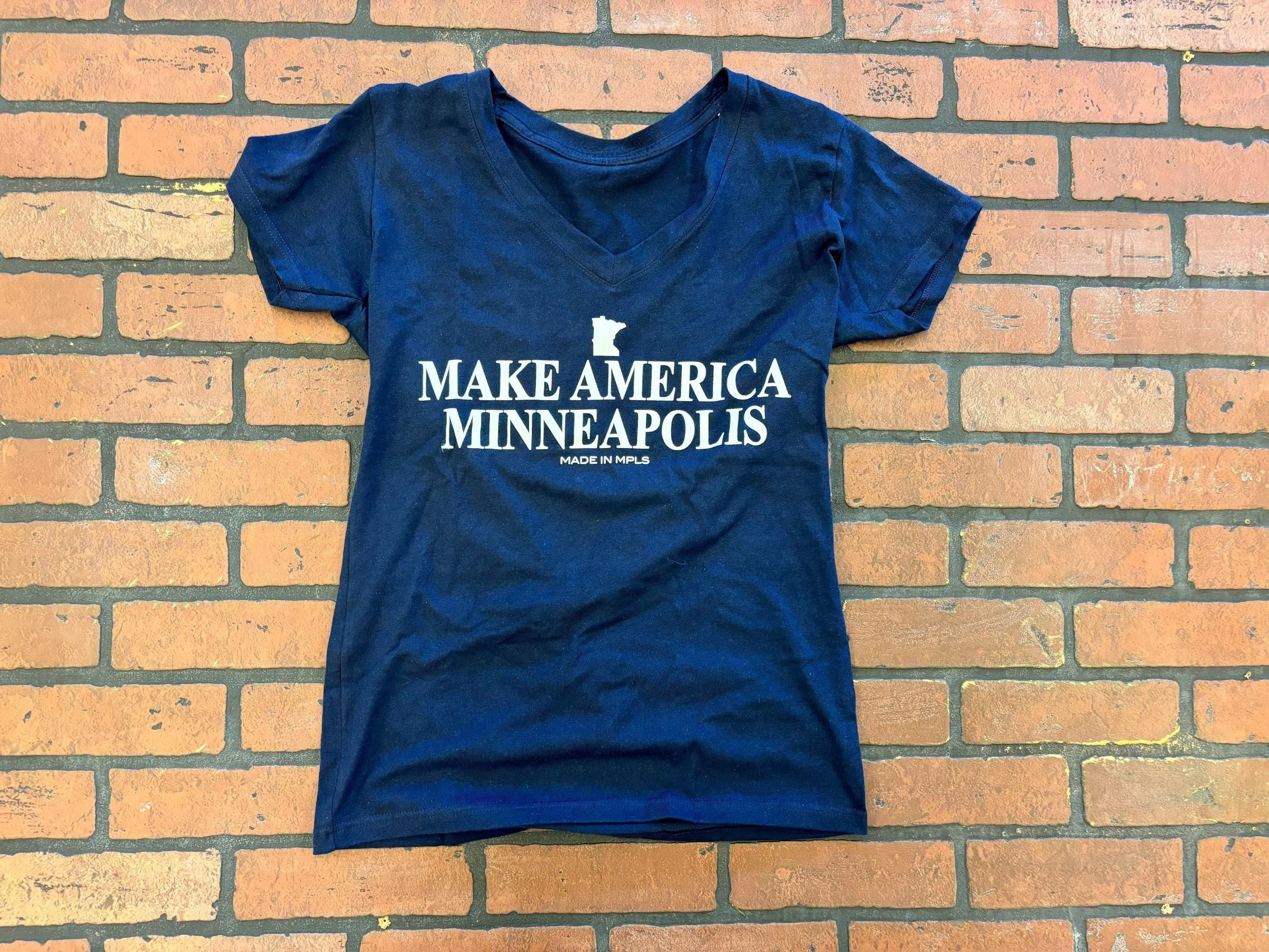 Navy Blue Femme-Cut V-Neck T-shirt that says "Make America Minneapolis" in white print