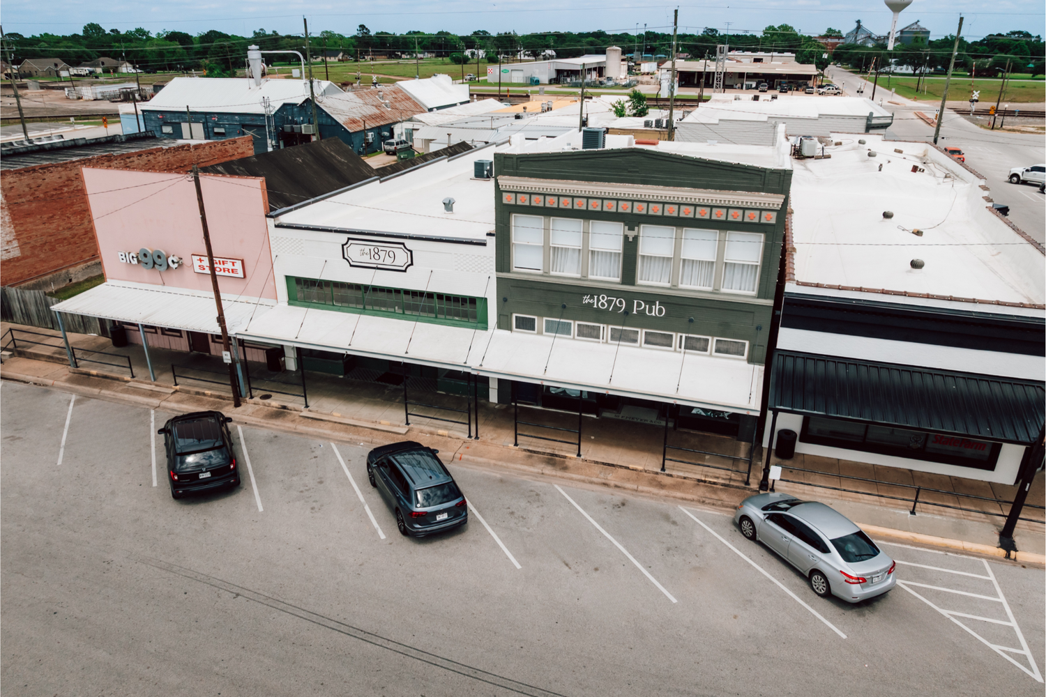 Aerial view of The 1879 on Fowlkes Street in downtown Sealy, Texas