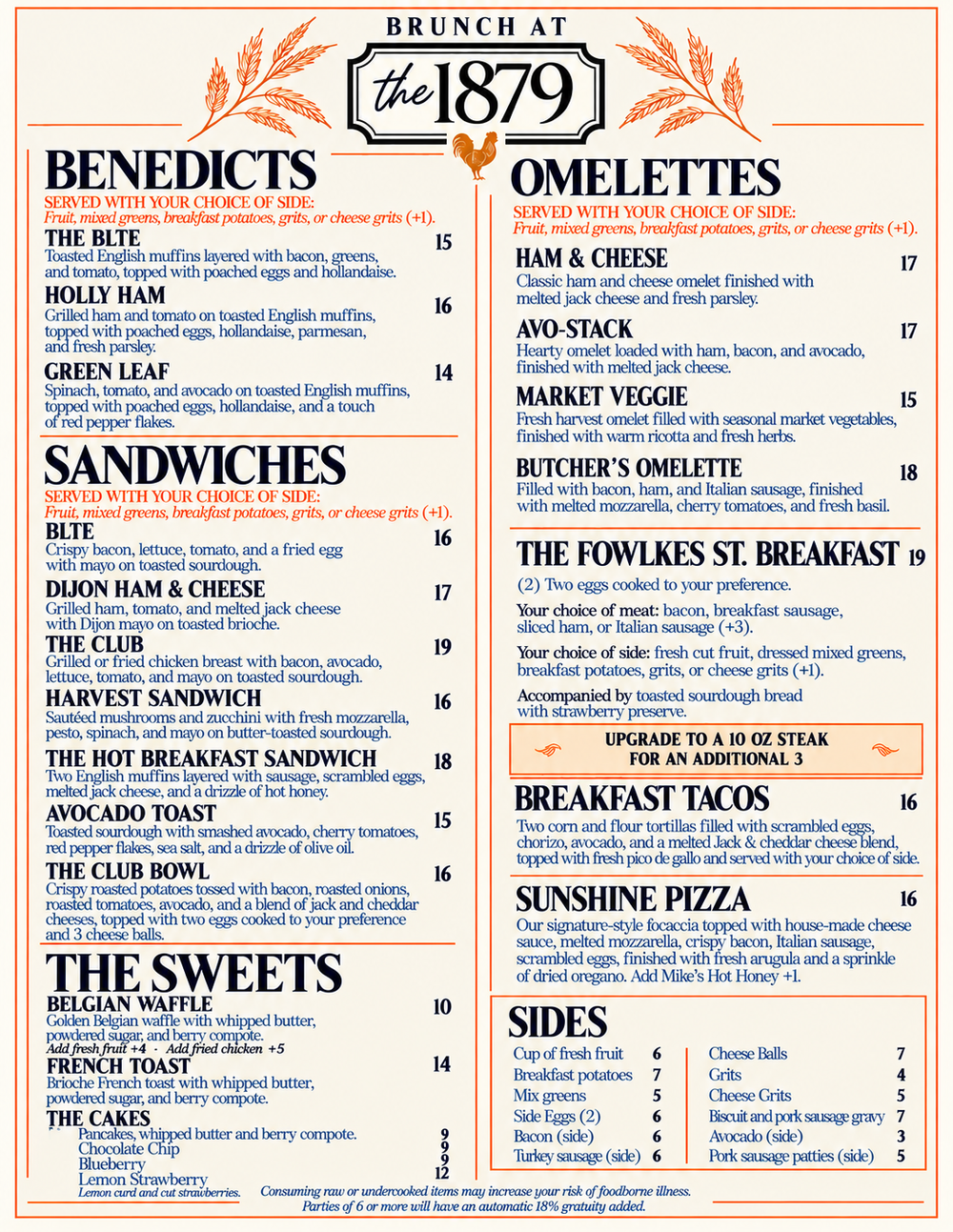 The 1879 brunch menu with benedicts, omelettes, sandwiches, sweets and sides