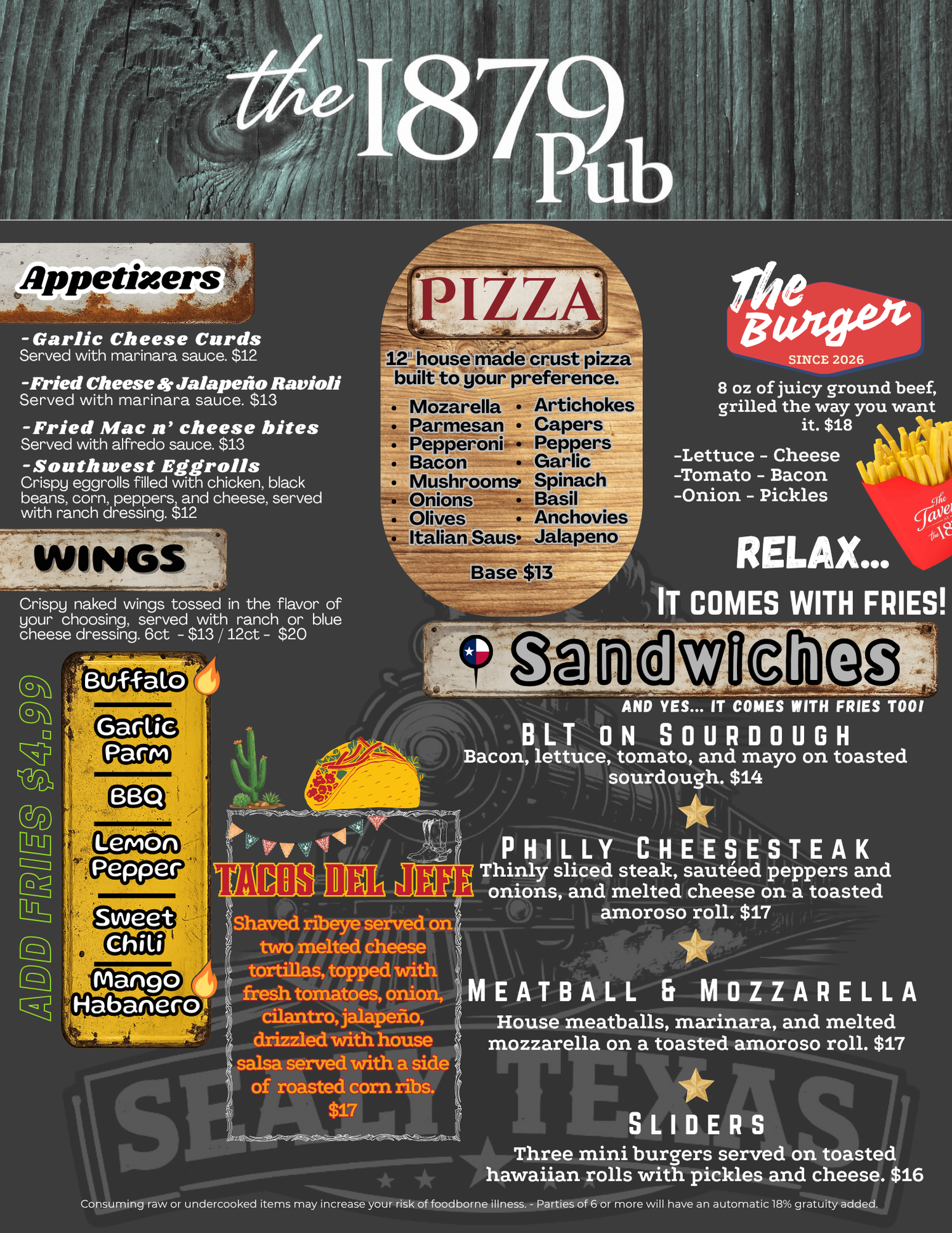 The 1879 pub menu: appetizers, wings, pizza, burger, tacos and sandwiches