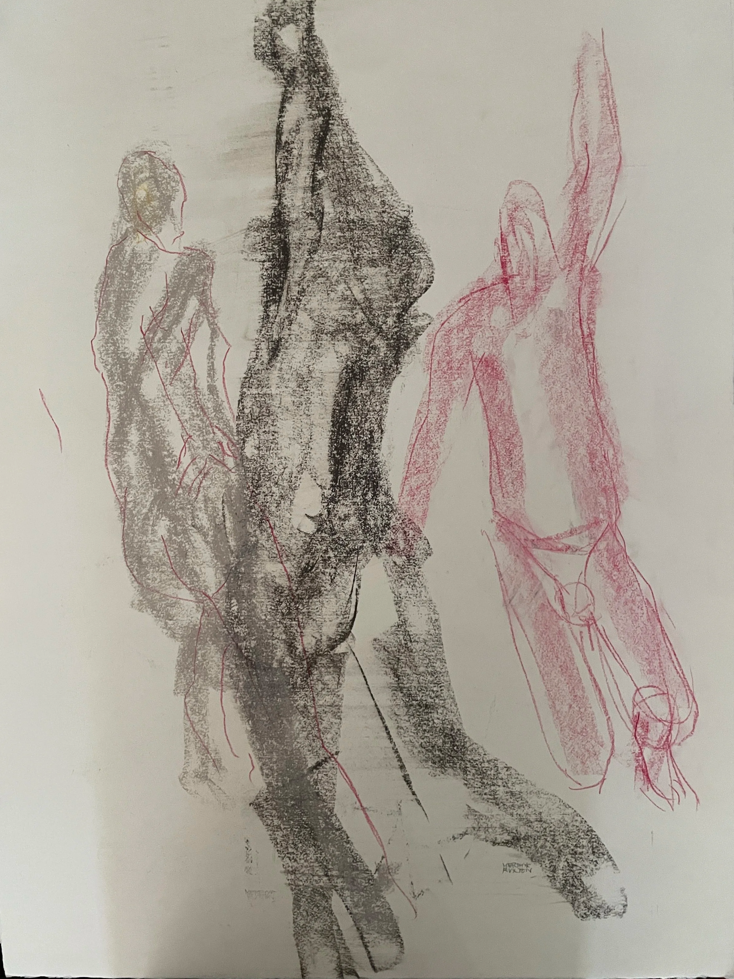10. Figures with arms raised.Charcoal and conté on paper.
