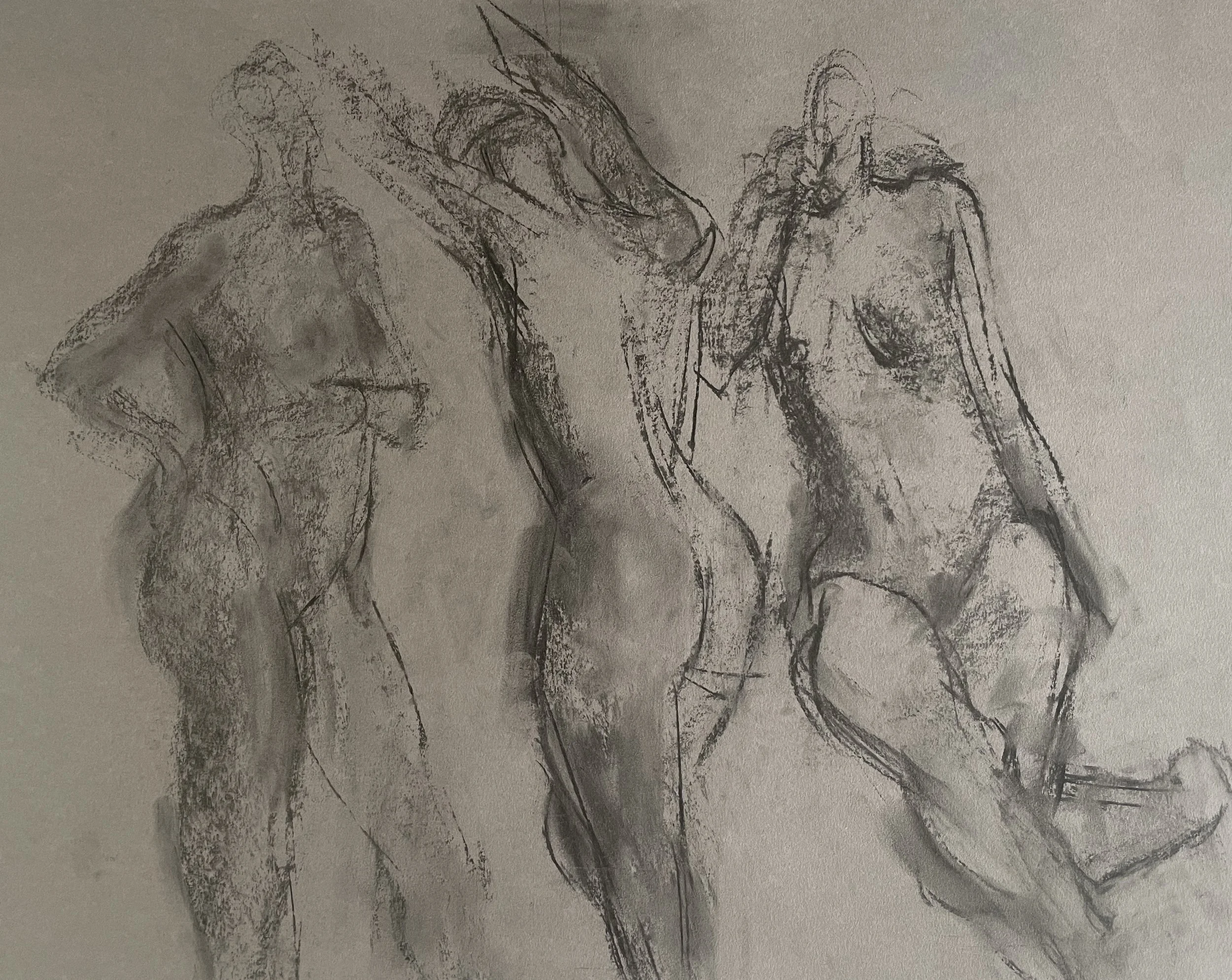 1. Three nudes standing - grey pastel on grey paper.