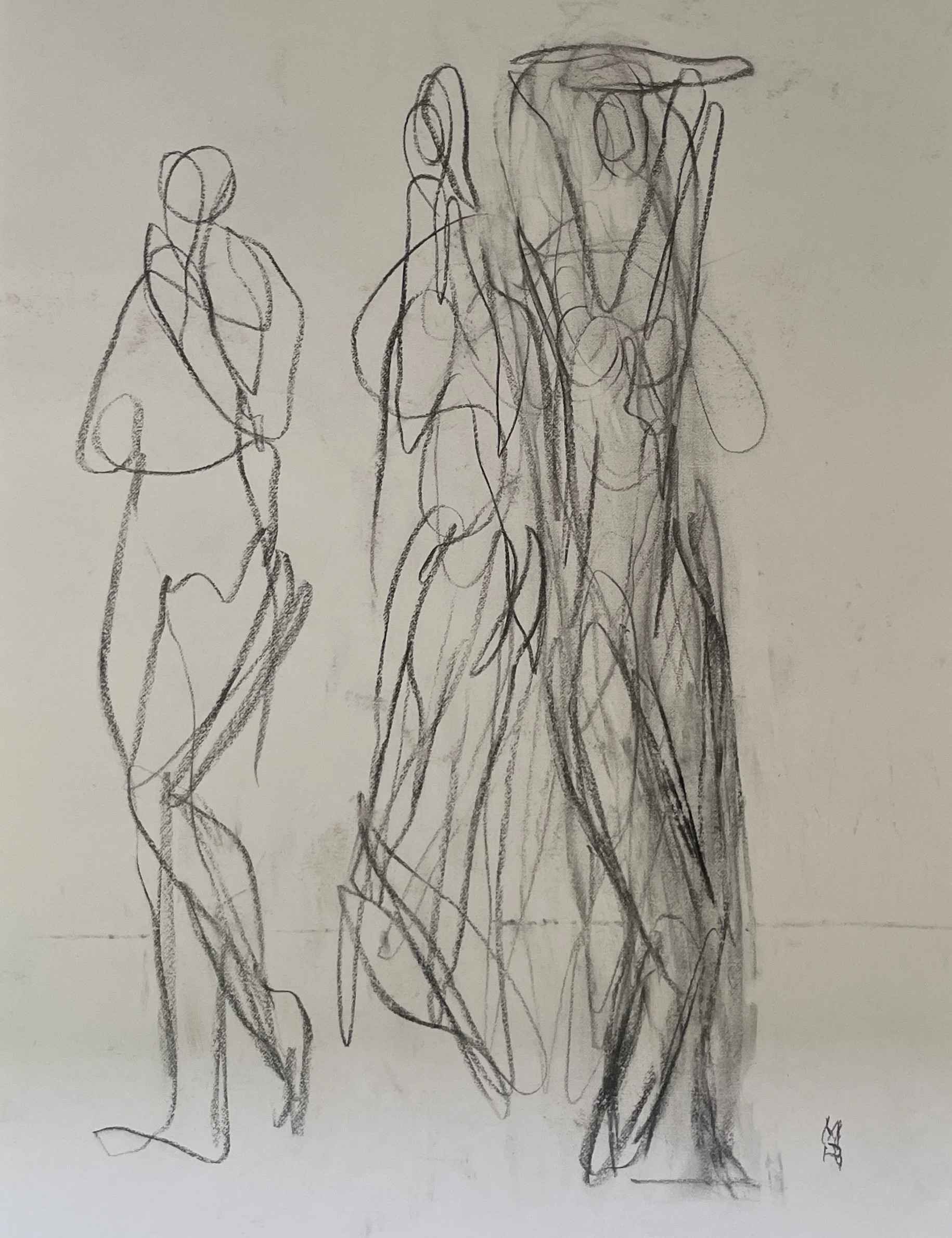 4. Three nudes standing - line. Charcoal on white paper.