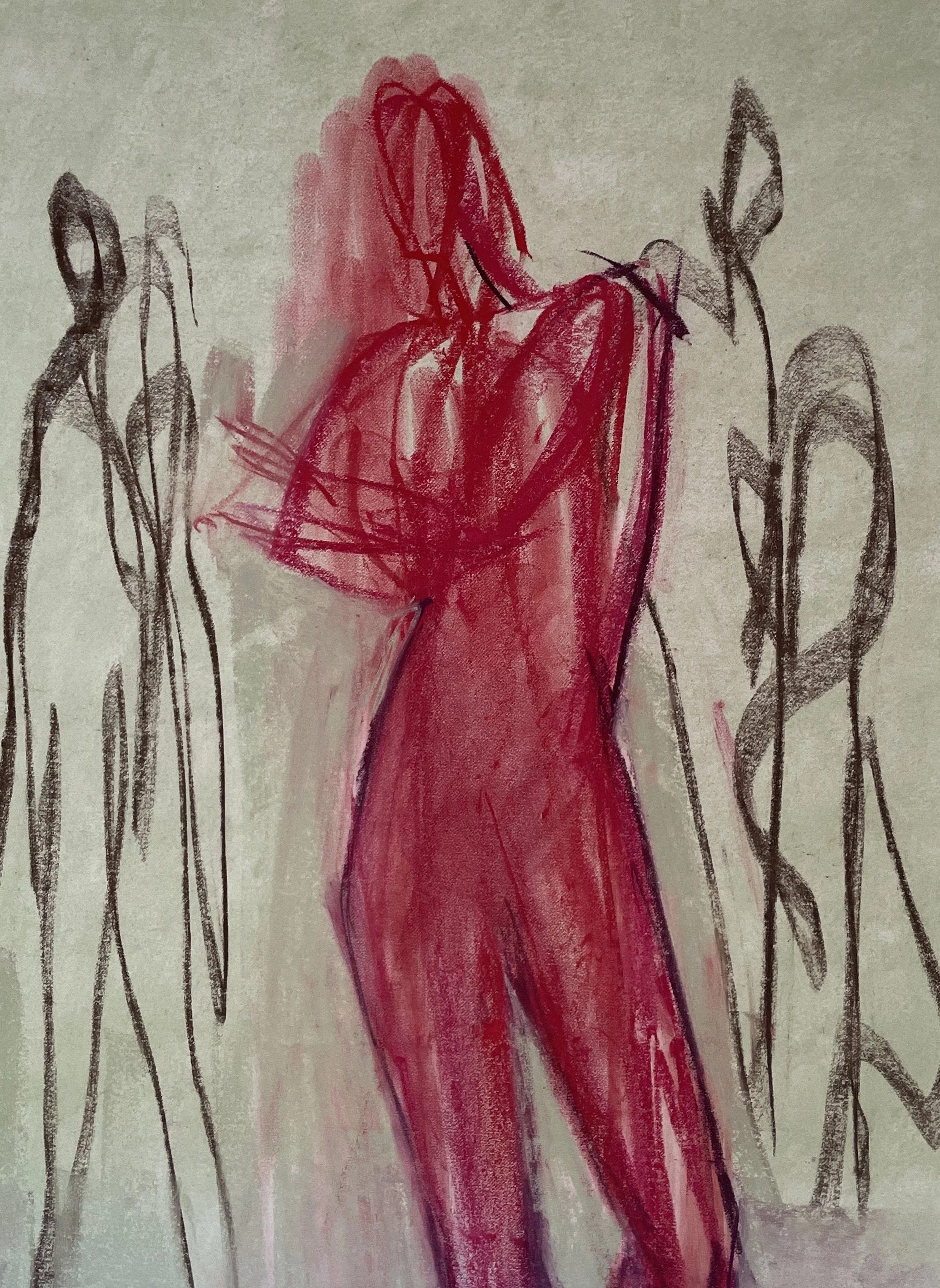 2. Three nudes standing. Charcoal and schminke pastel on paper.