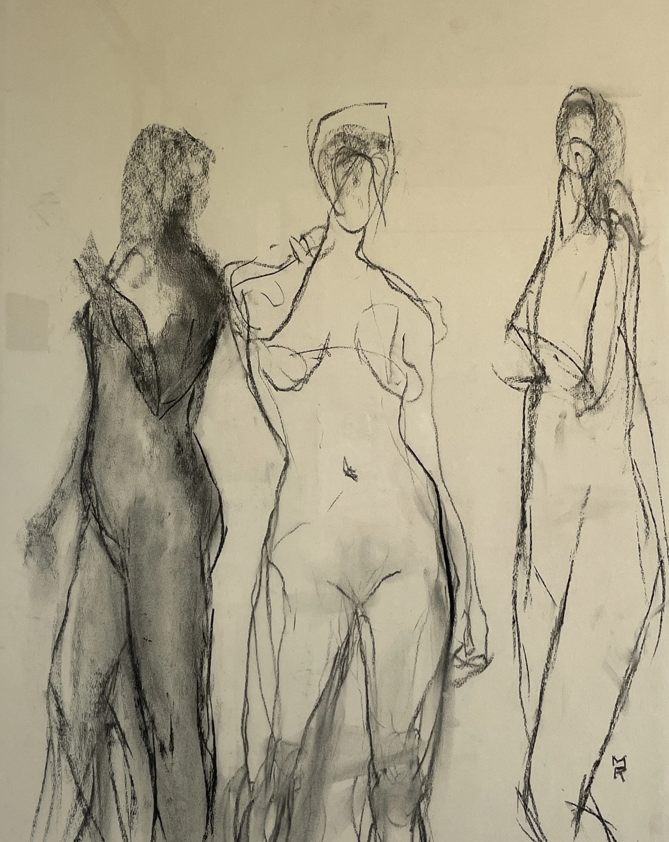 6. Three nudes standing on beige paper.