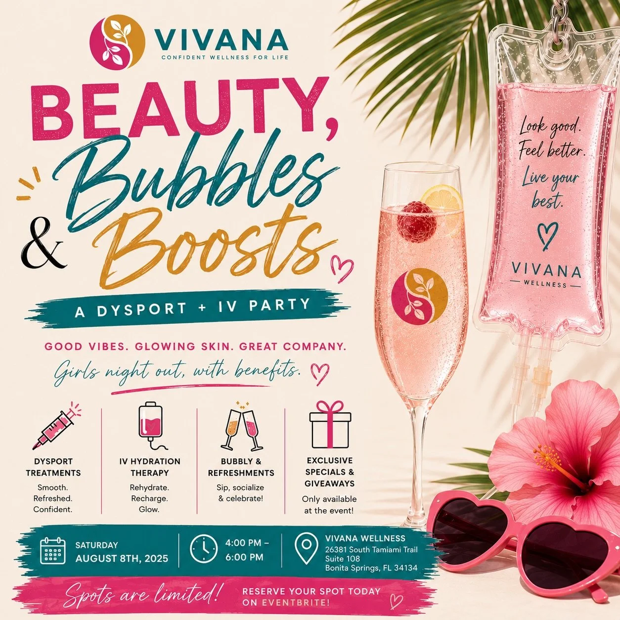 🌸 Beauty, Bubbles &amp; Boosts 🌸

A Dysport + IV Party at Vivana Wellness

Grab your bestie and join us for an afternoon of beauty, wellness, and bubbly! ✨

Whether you&rsquo;re ready to smooth away fine lines, recharge with an IV infusion, or simp
