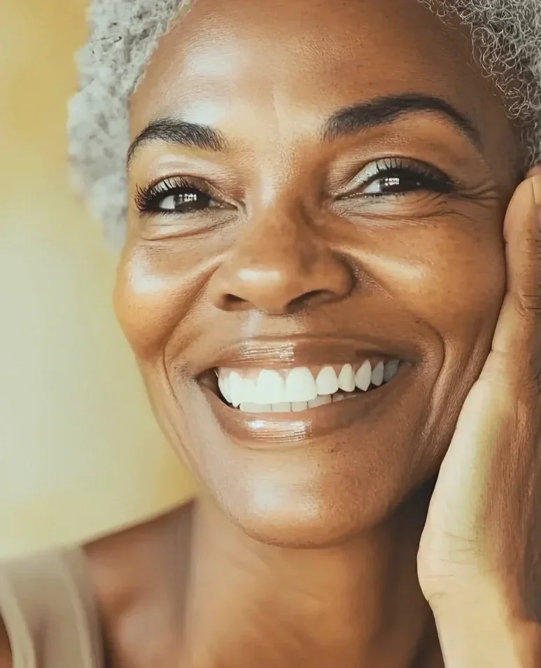 Close-up of a smiling African American woman with gray curly hair, touching her face gently.