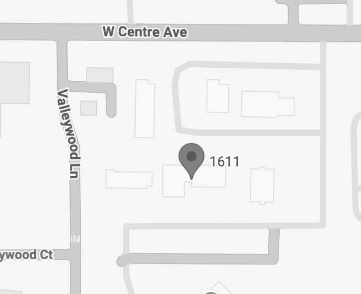 Zoomed in map showing Inner Garden Counseling, 1611 W Centre Ave, Portage, MI.  Map shows intersection of Valleywood Ln and W Centre Ave with a pin in 1611.  Building 1611 is the middle building in the second row of buildings from W. Centre Ave