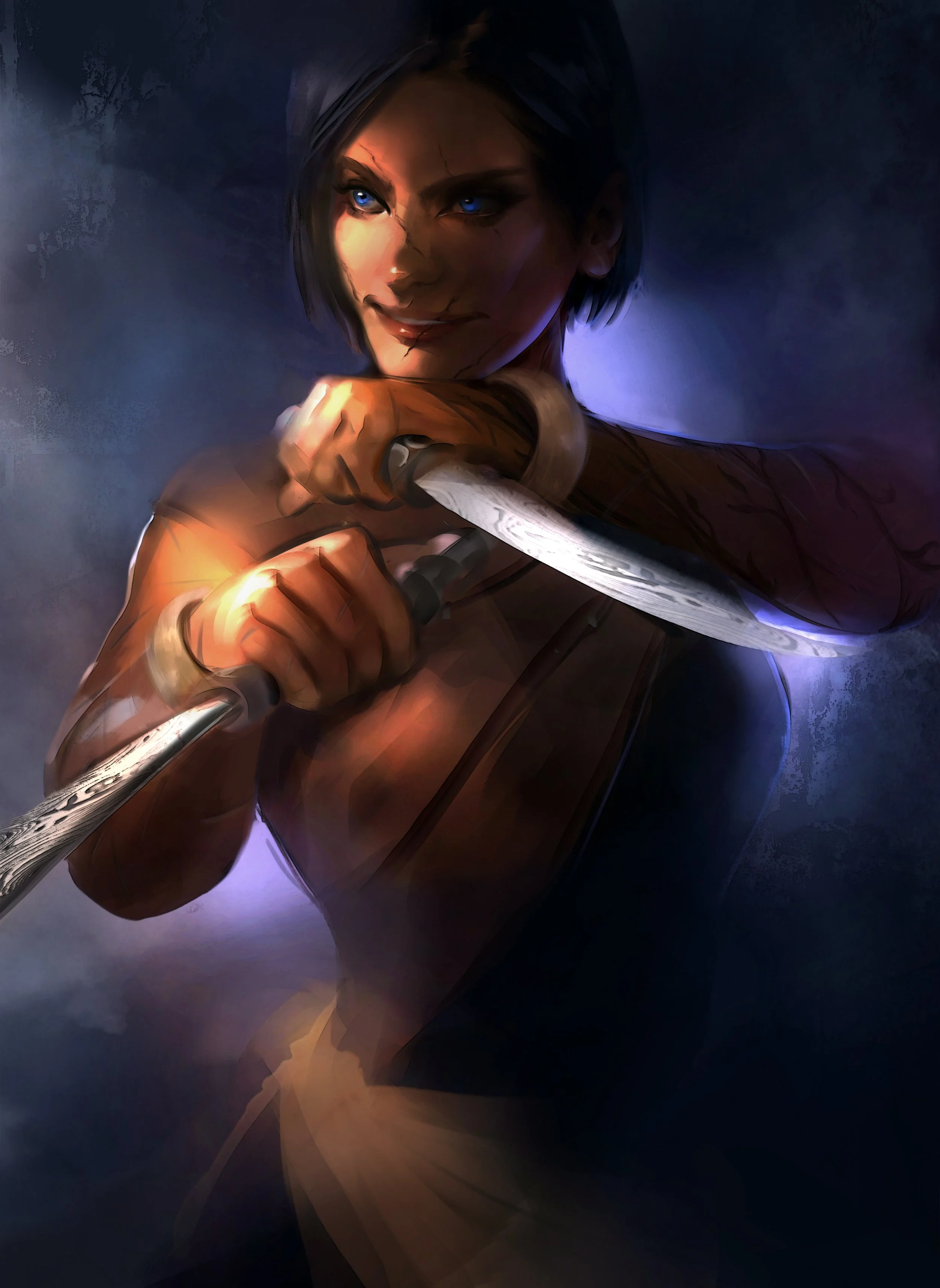 Digital painting of a woman with short black hair, blue eyes, holding a knife with a serious expression, dark and moody background.