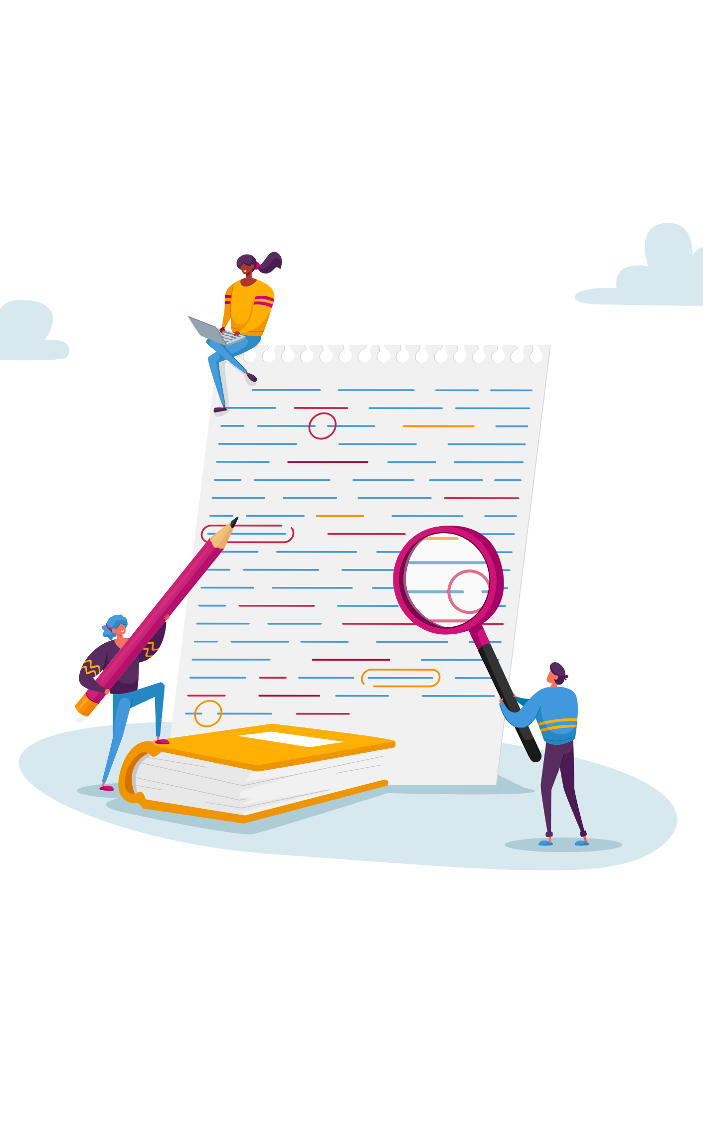 Illustration of three people analyzing a large sheet of paper with colored lines, red circles, and markings, sitting on or near a large book, with a magnifying glass, a giant pencil, and clouds in the background.