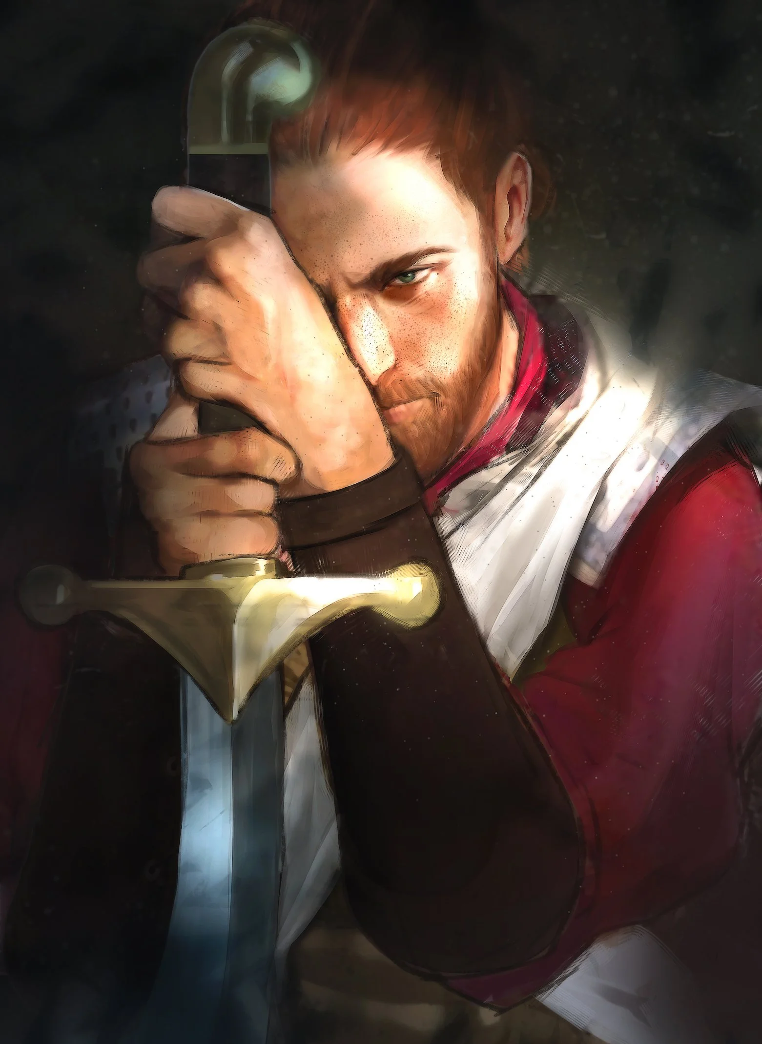 Digital painting of a man with red hair, holding a sword and a gun, with a serious expression, in a dark setting.