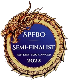 A circular award badge with a dragon design, featuring a blue center with white text that reads 'SPFBO Semi-Finalist Fantasy Book Award 2022'.