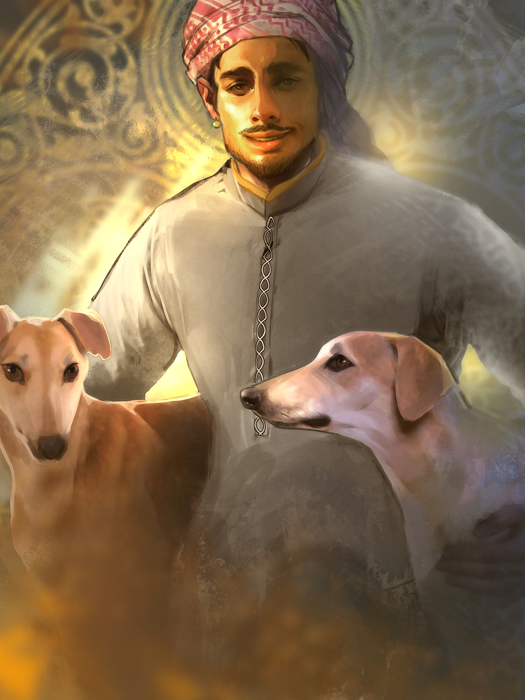 A painting of a man with a turban and traditional clothing, smiling with two dogs, with a decorative background.