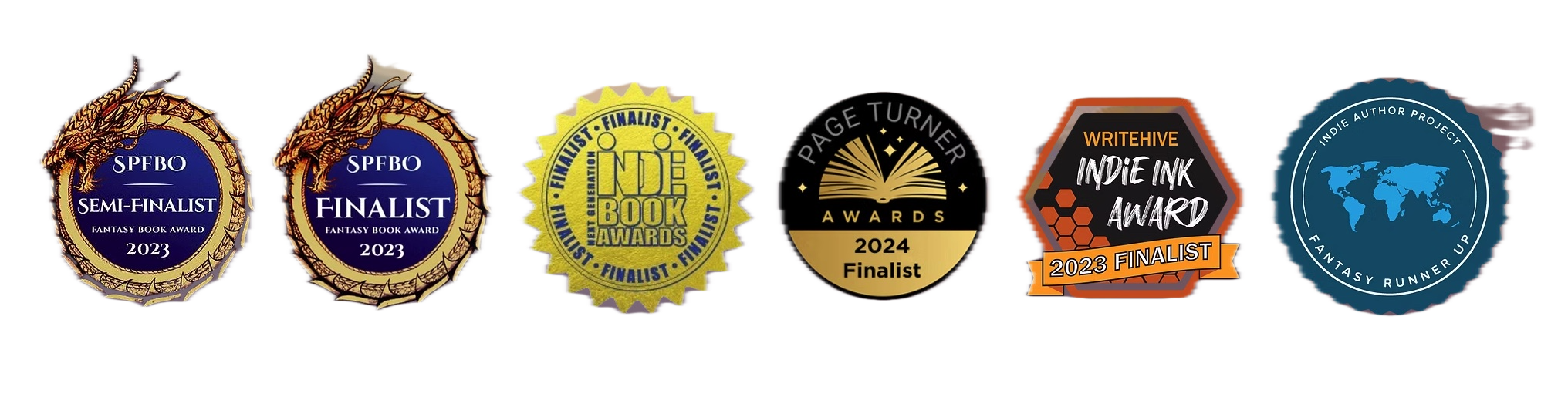 Six award badges for writing and fantasy book contests from 2023 and 2024.