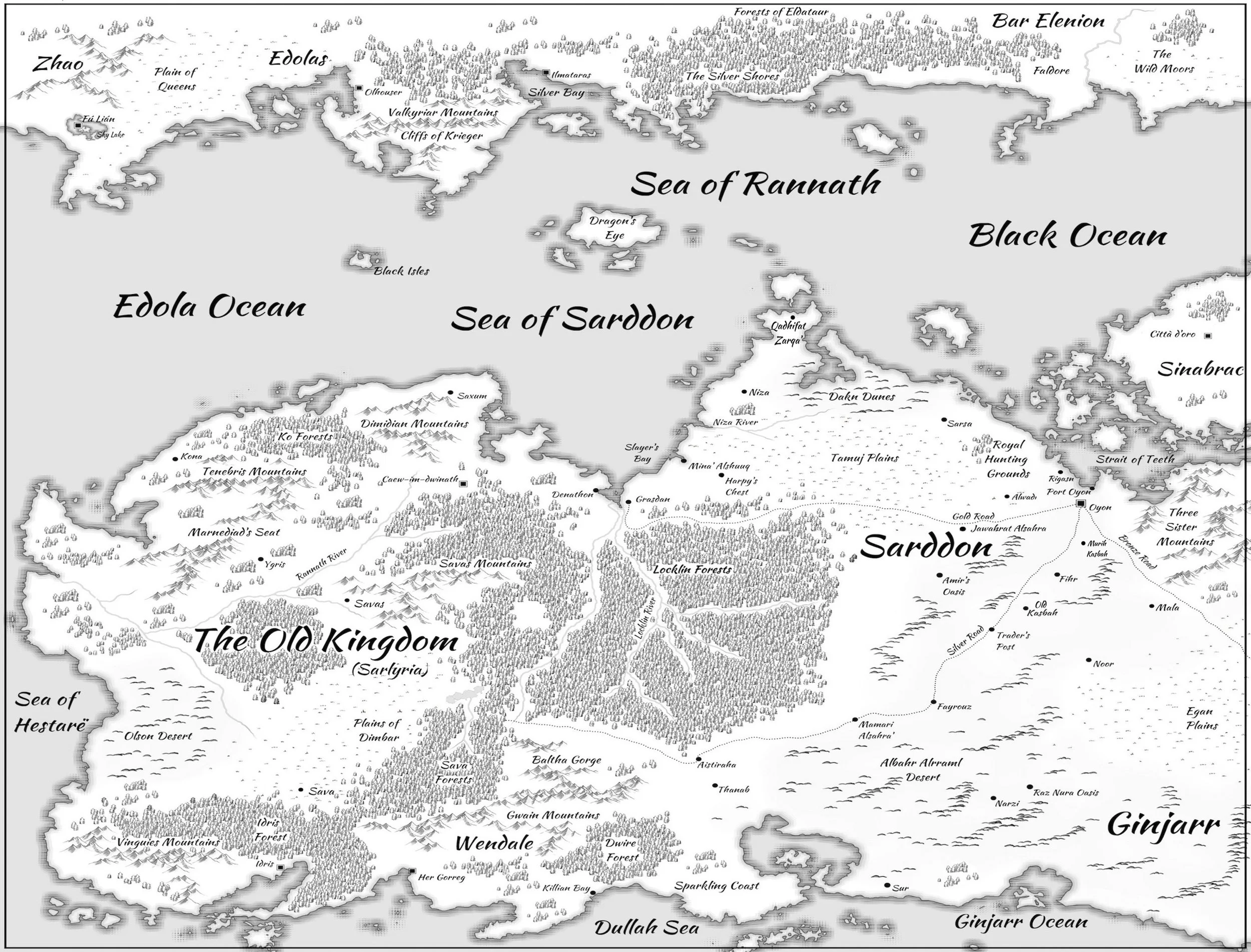 A detailed map of a fantastical world with various regions, mountains, forests, seas, and islands labeled, including the Sea of Runnath, Edola Ocean, Sea of Sarddon, and Ginjarr Ocean, along with specific locations like Dragon's Eye, Black Isles, The Old Kingdom, Dullah Sea, and Ginjarr.