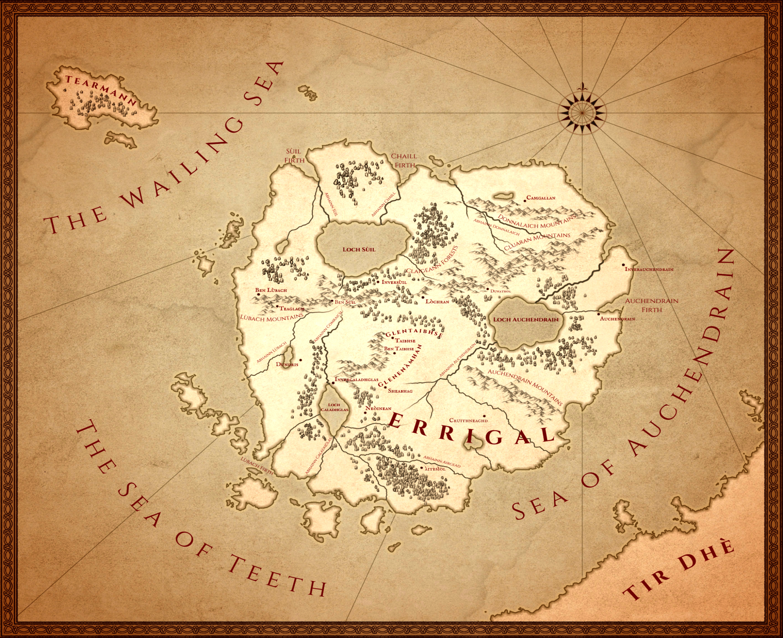 A historical map of Ireland with labels of regions, mountains, and cities such as Dublin, Galway, and Limerick, featuring an aged parchment style with decorative borders.
