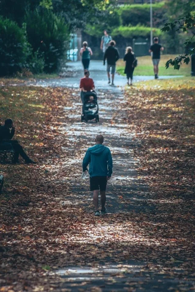 people walking on a leaf covered park path