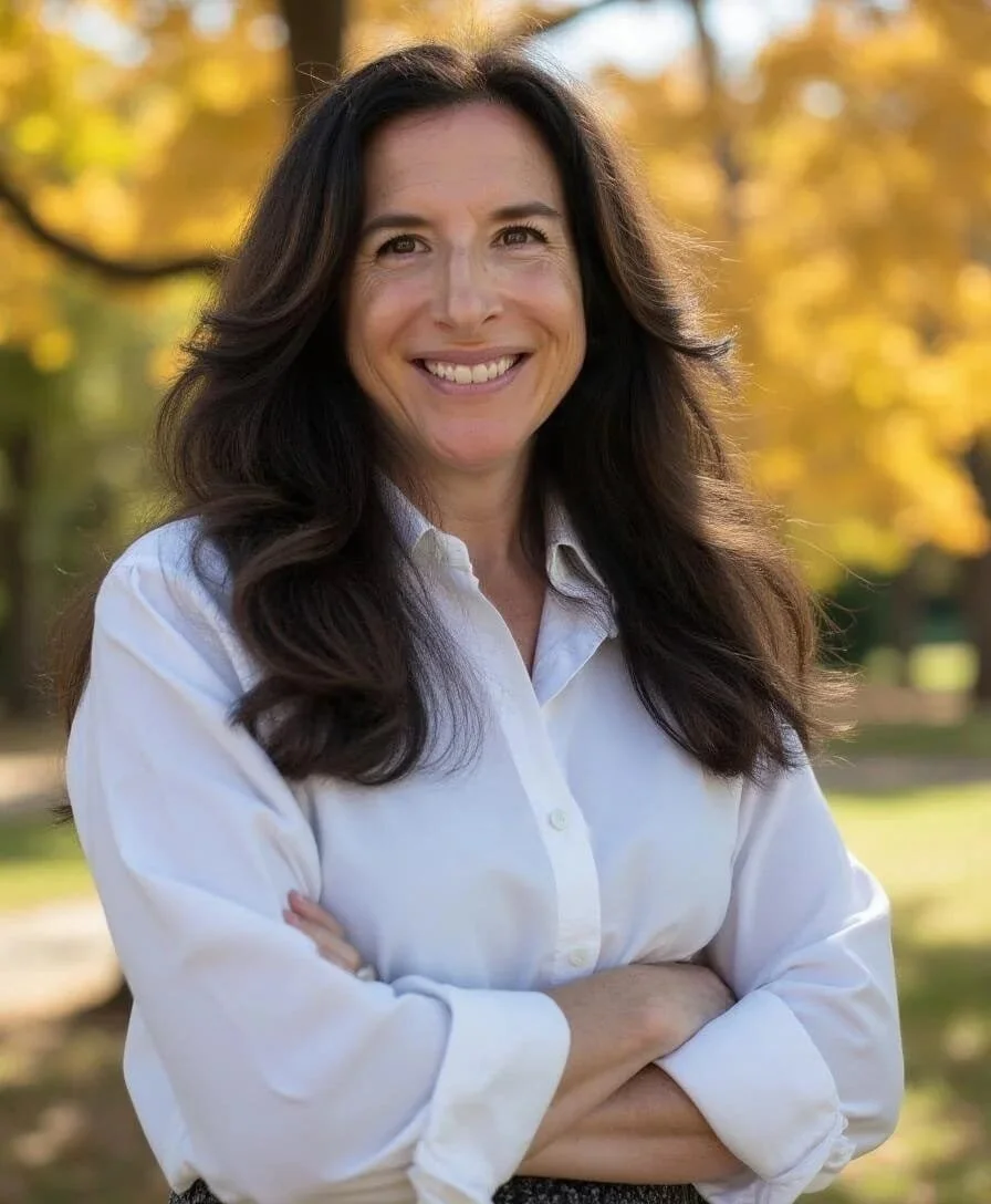 A woman with long dark hair, smiling, wearing a white shirt with rolled-up sleeves, standing outdoors in front of trees with yellow autumn leaves.