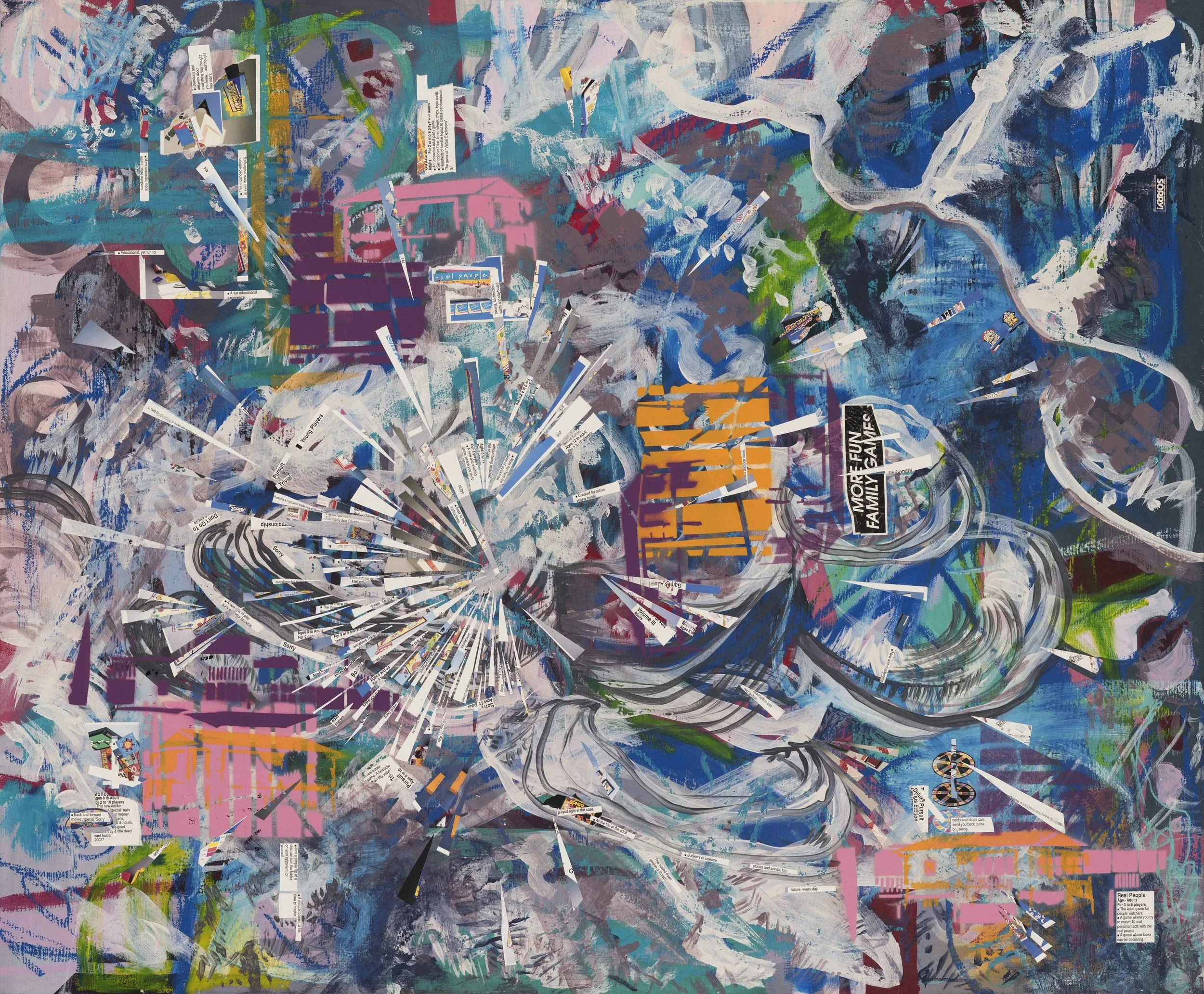 A colorful mixed media art piece featuring graffiti style painting with abstract shapes, large spray paint strokes, and torn paper elements including words and phrases like 'Most Fun Family Game'.