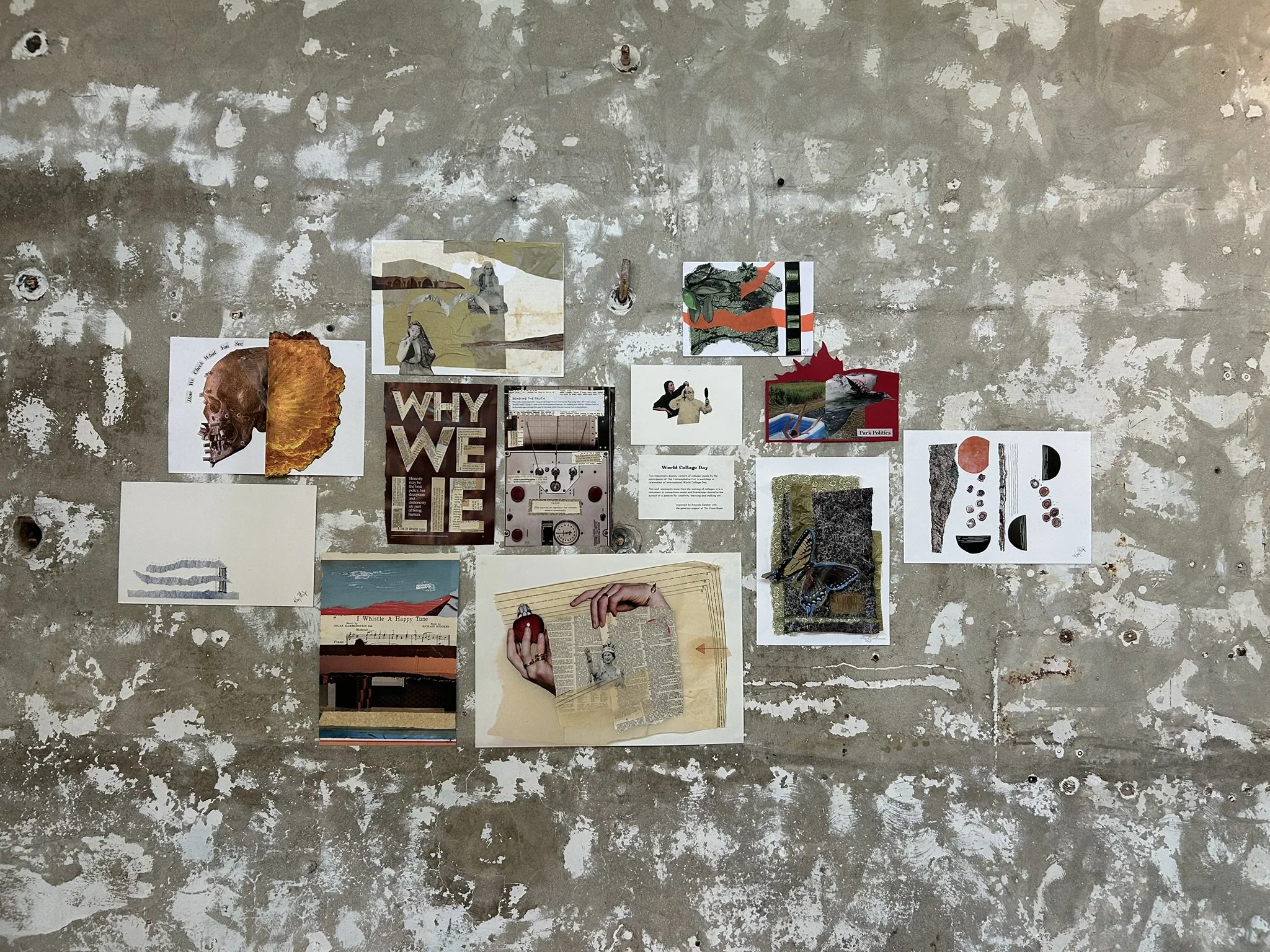 Collage of various papers, photographs, illustrations, and printed materials arranged on a distressed, gray wall, focusing on themes of art, culture, and social commentary.